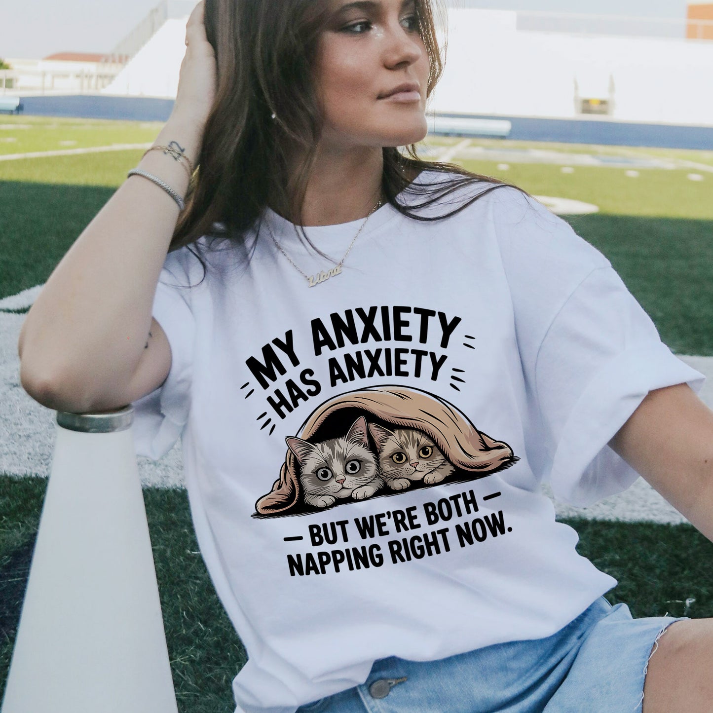 Funny Cat Shirt – My Anxiety Has Anxiety – Napping Mental Health Tee - White - Up To 5XL