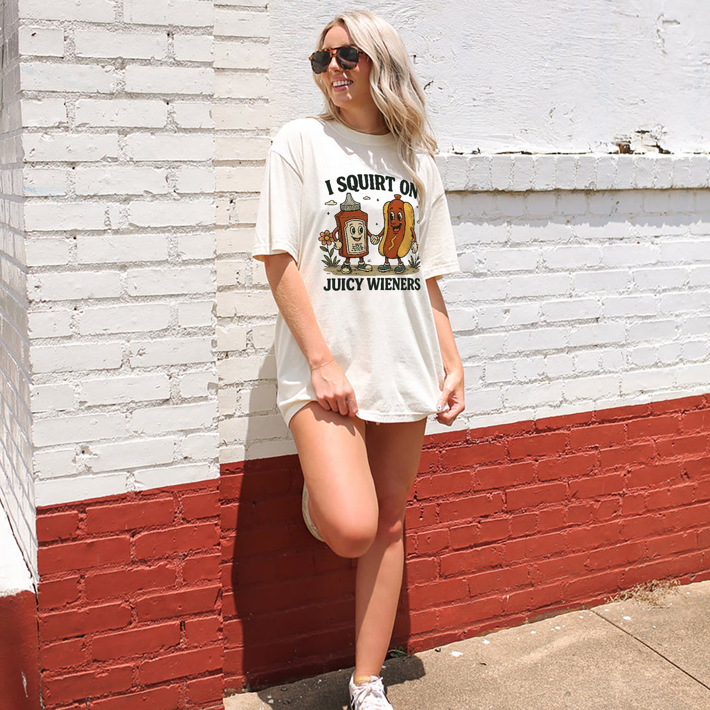 Inappropriate T-Shirt – Funny Hot Dog Sauce Joke Shirt – Juicy Wieners Graphic Tee - Natural - Up To 5XL
