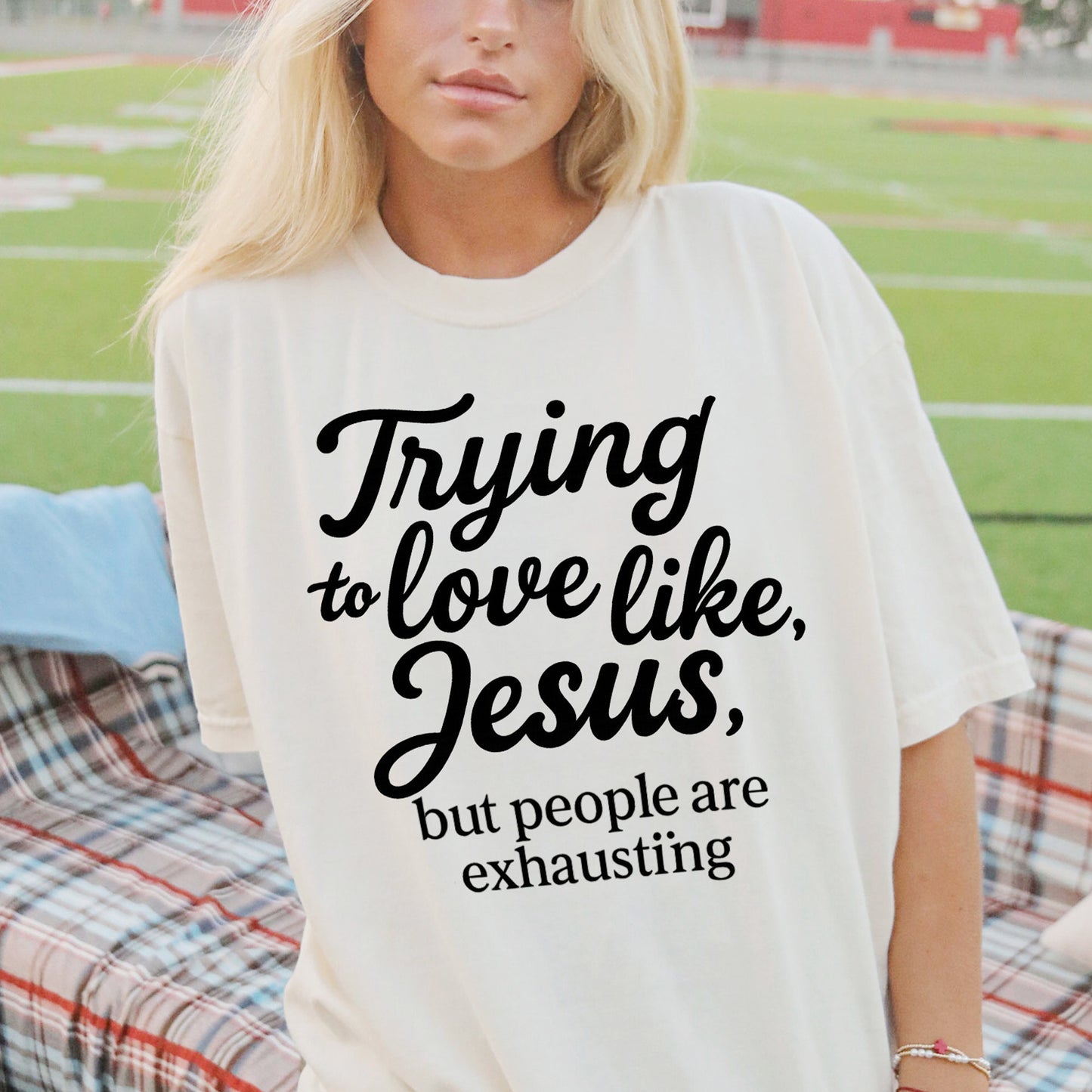 Trying to Love Like Jesus But People Are Exhausting T-Shirt - Funny Jesus Shirt For Christians- White- Up To 5XL