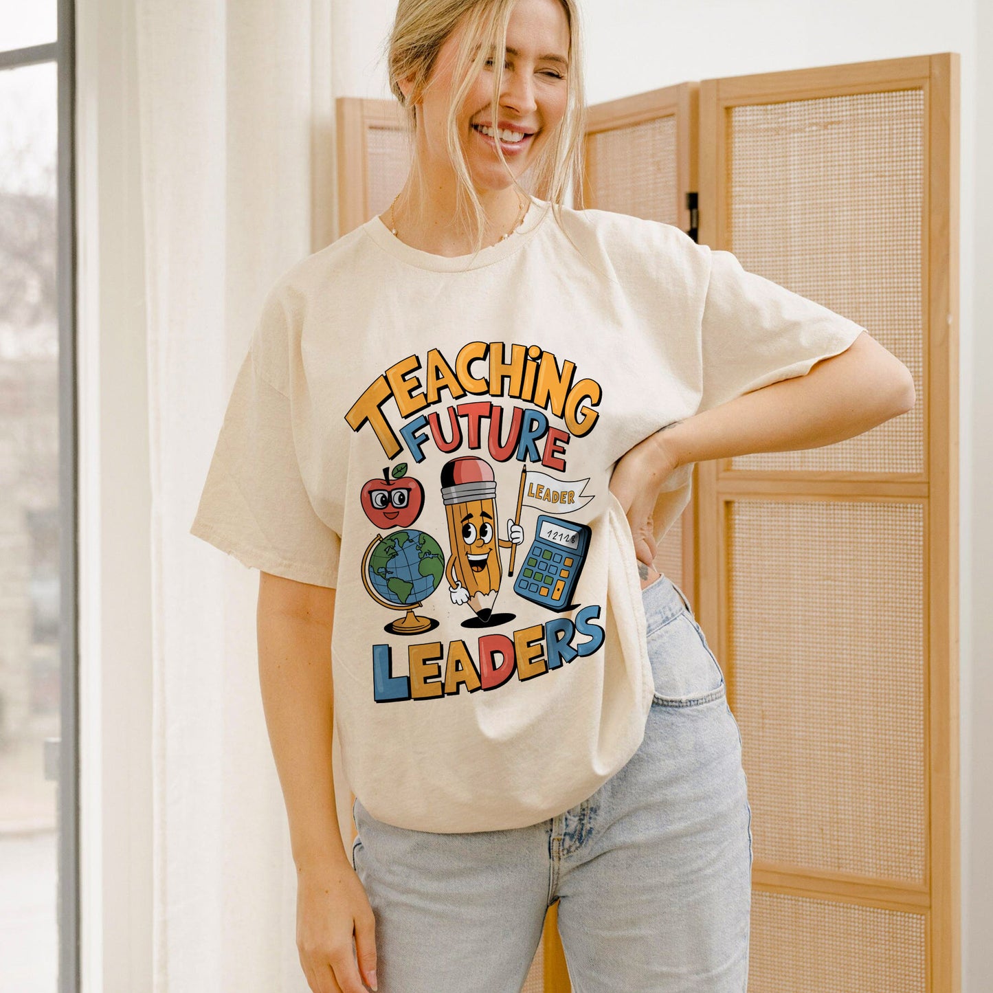 Teaching Future Leaders T-Shirt- Funny Shirt For Teacher - Natural - Up To 5XL