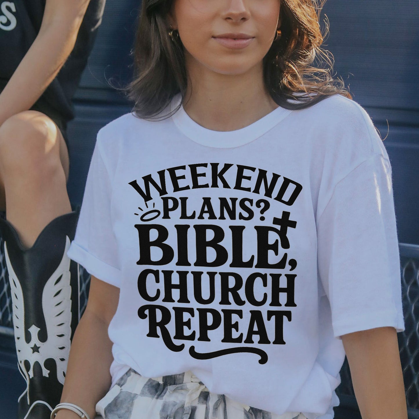 Weekend Plans Bible Church Repeat T-Shirt - Funny Jesus Shirt For Christians- White- Up To 5XL