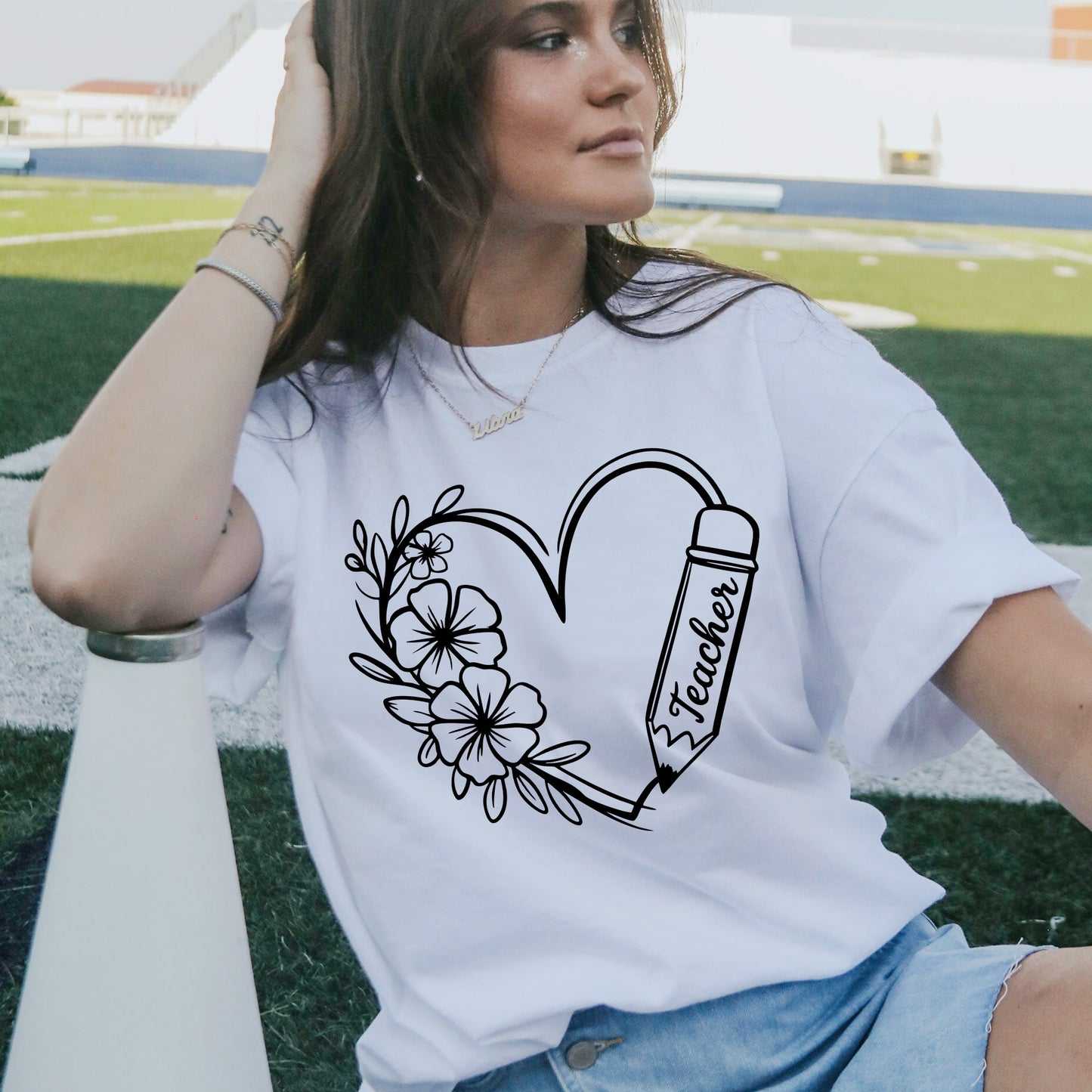 Teacher Floral Heart and Pencil T-Shirt - Funny Shirt For Teacher - White- Up To 5XL