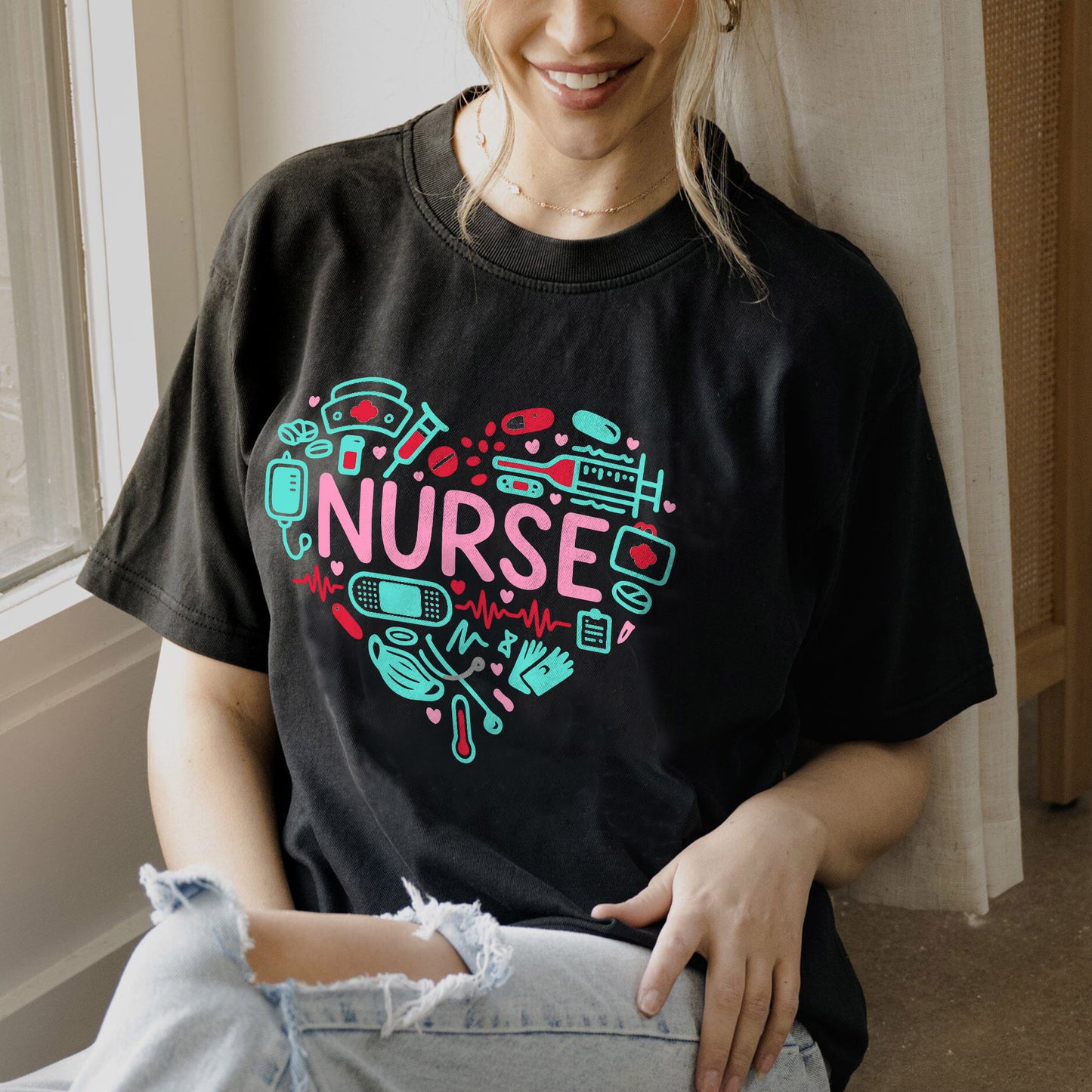 Nurse Heart T-Shirt - Funny Tees For CNA Nurse-Black - Up To 5XL