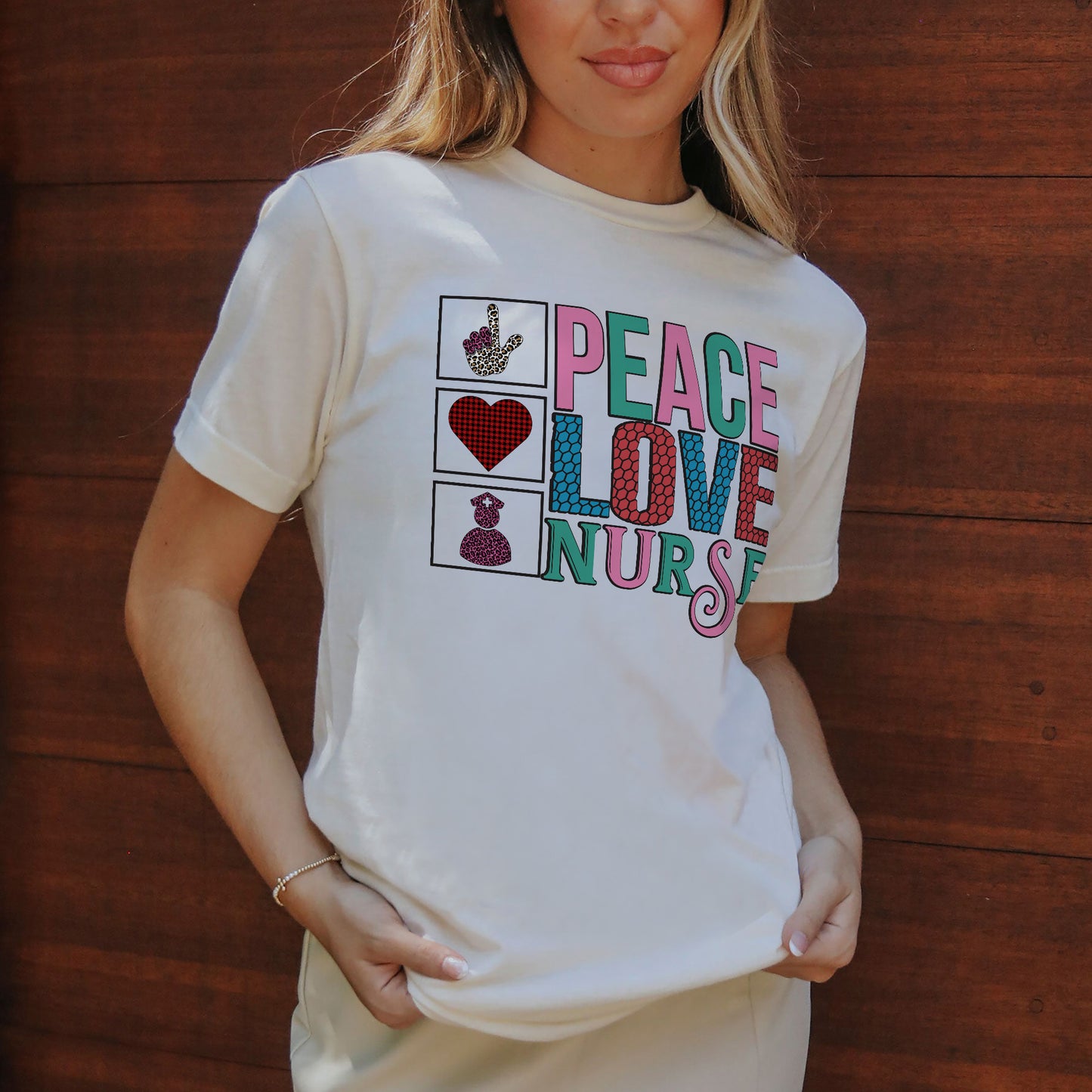 Peace Love Nurse Shirt – Cute Nursing GraphicTee Gift for RN LPN CNA - Natural - Up To 5XL