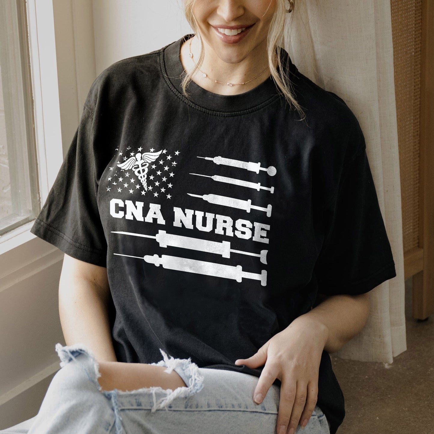 American Flag Certified Nursing T-Shirt - Funny Tees For CNA Nurse - Black - Up To 5XL