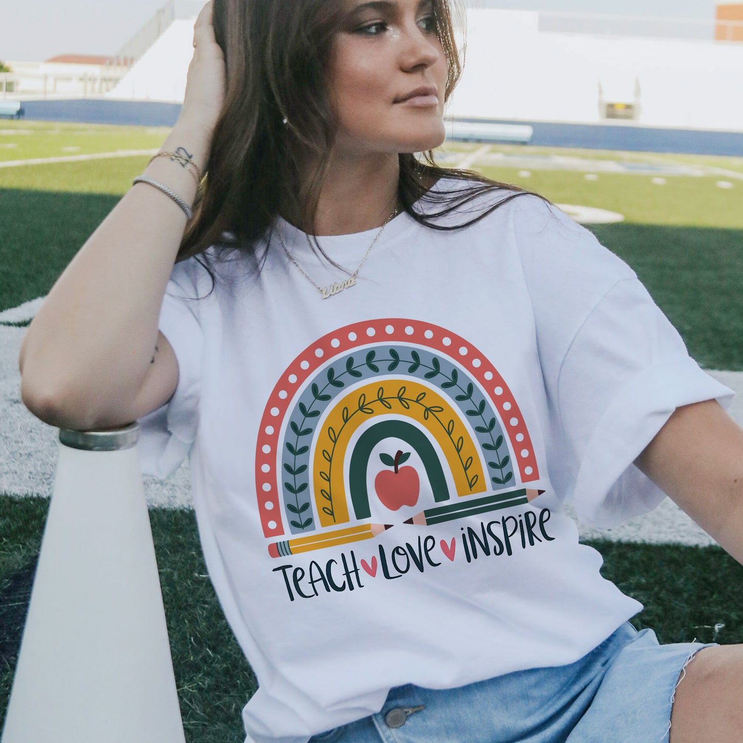 Teach Love Inspire T-Shirt - Funny Shirt For Teacher - White- Up To 5XL