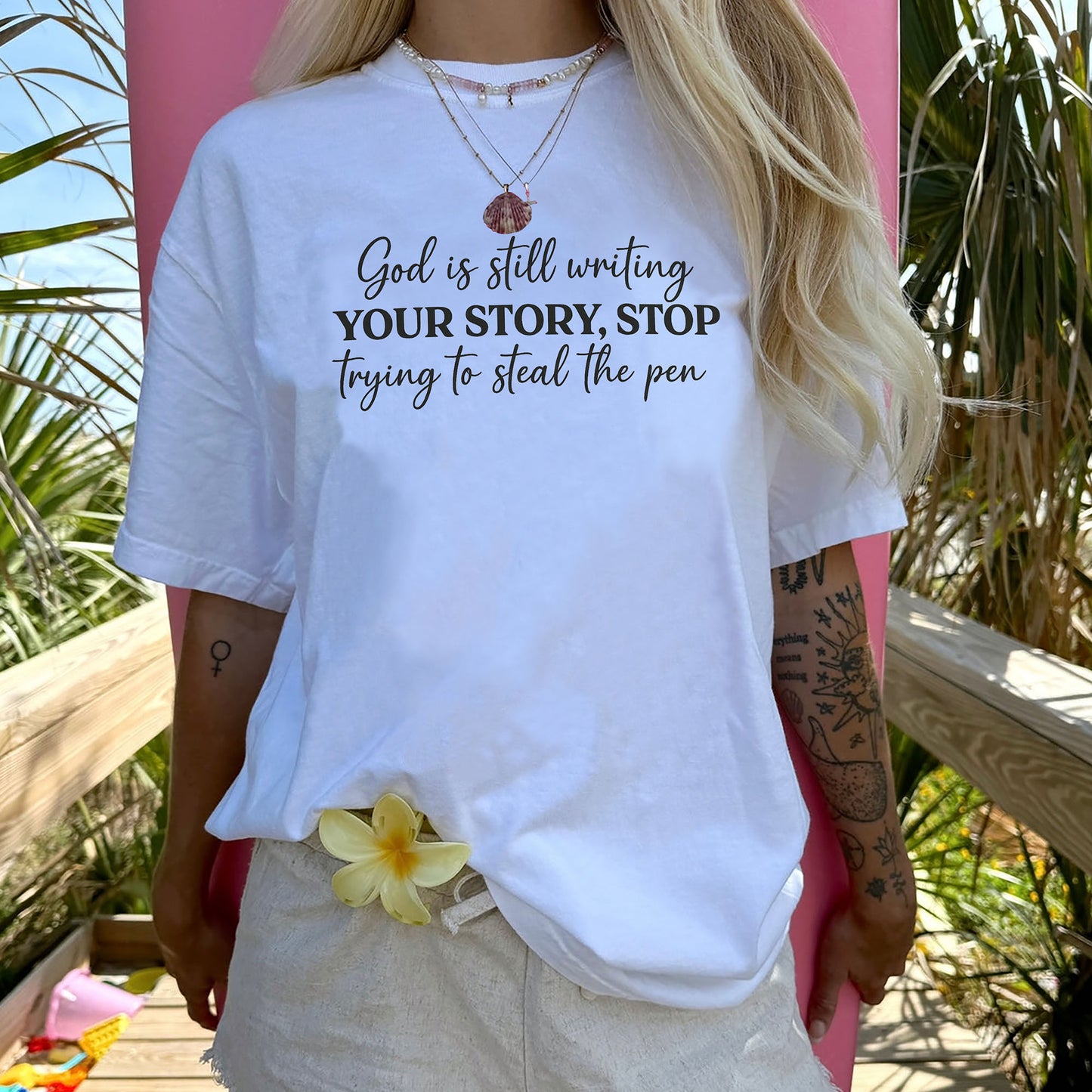God Is Still Writing Your Story – Stop Trying To Steal The Pen T-Shirt - Funny Jesus Shirt For Christians- White- Up To 5XL