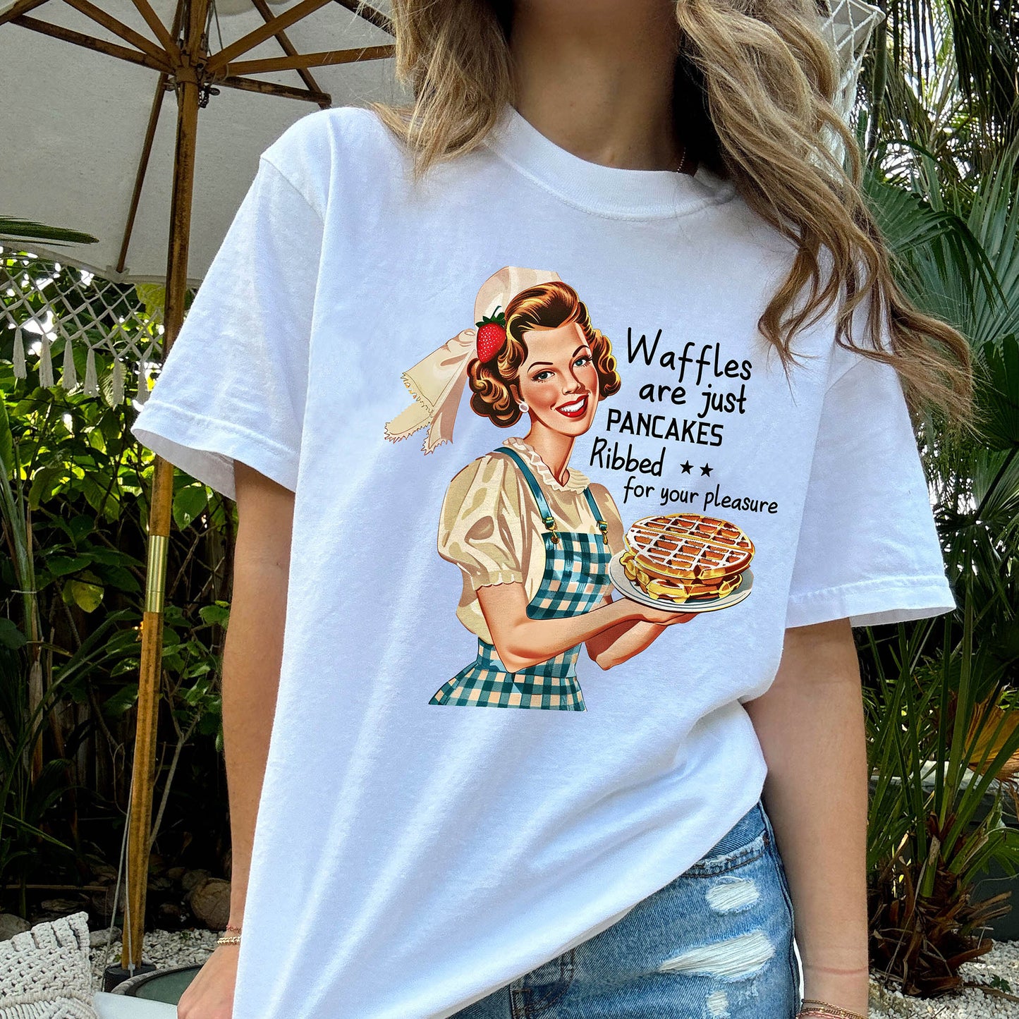 Waffles Are Just Pancakes Rubbed for Your Pleasure T-Shirt – Funny Women Sarcastic Tee - White - Up To 5XL