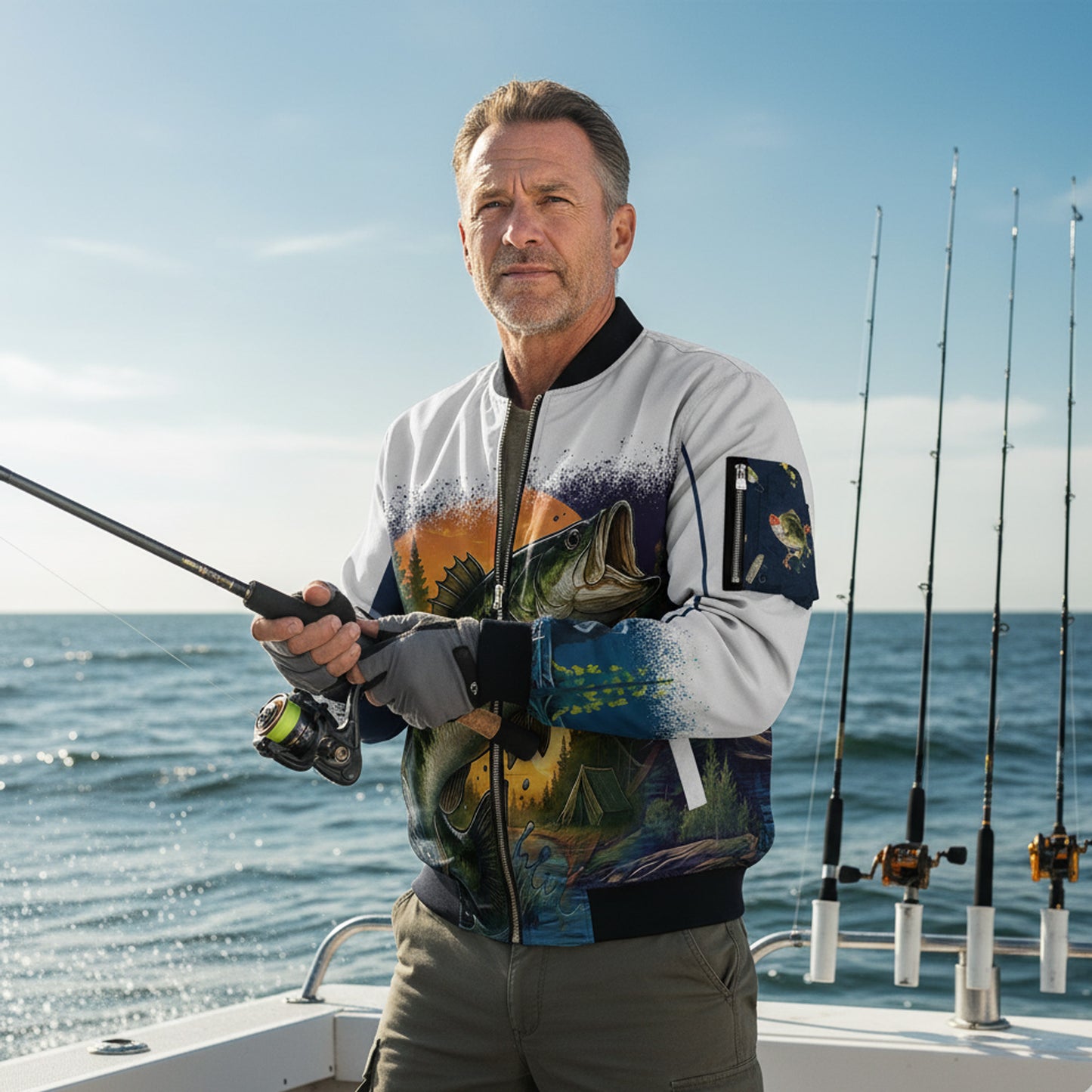 Largemouth Bass Bomber Jacket – Sunrise Fishing Edition | White & Blue Outdoor Fisherman Jacket for Men