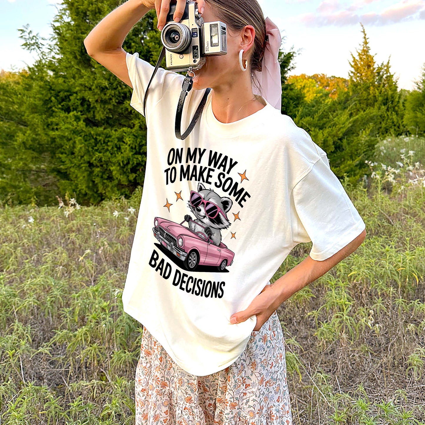 Funny Raccoon Shirt – On My Way to Make Some Bad Decisions Tee – Drunk Humor Aesthetic T-Shirt - Natural - Up To 5XL