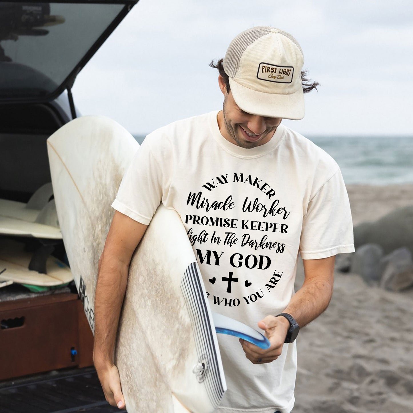 Worship Christian Shirt – Way Maker Miracle Worker – Faith Praise Lyrics Tee – Natural – Up To 5XL