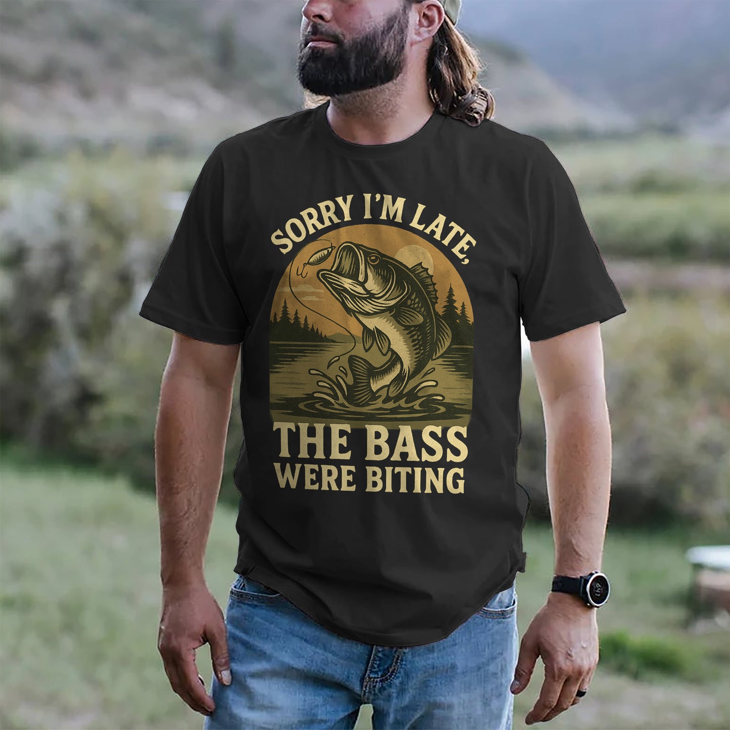 Funny Fishing Shirt – Sorry I’m Late The Bass Were Biting – Outdoor Fisherman Quote Tee – Black– Up To 5XL