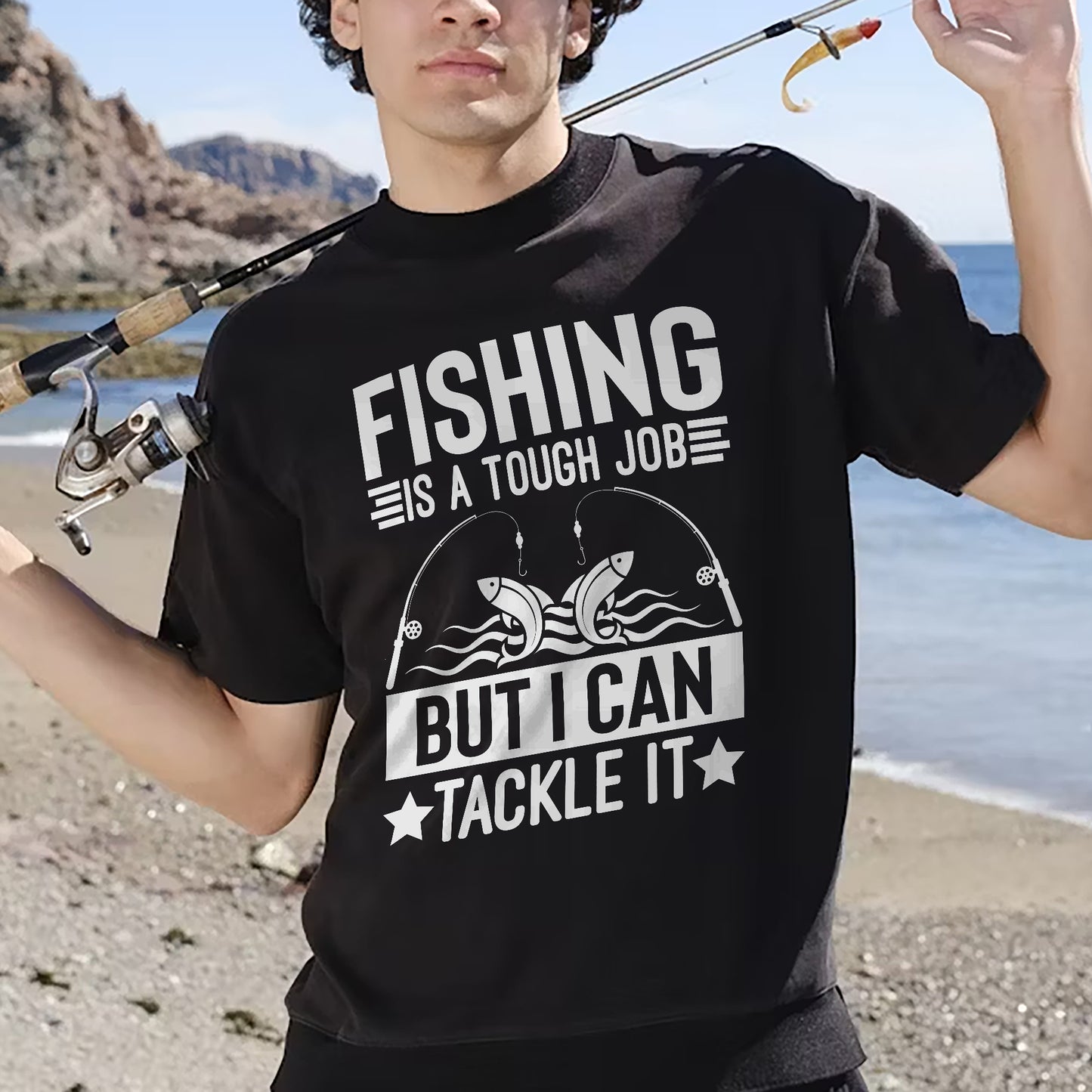 Funny Fisherman Shirt – Fishing Is A Tough Job But I Can Tackle It Tee – Pun Gift for Anglers – Black – Up To 5XL