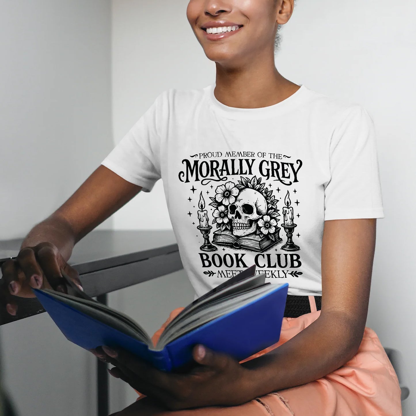 Bookish Shirt – Proud Member of the Morally Grey Book Club Tee – Academia Book Lover – White – Up To 5XL