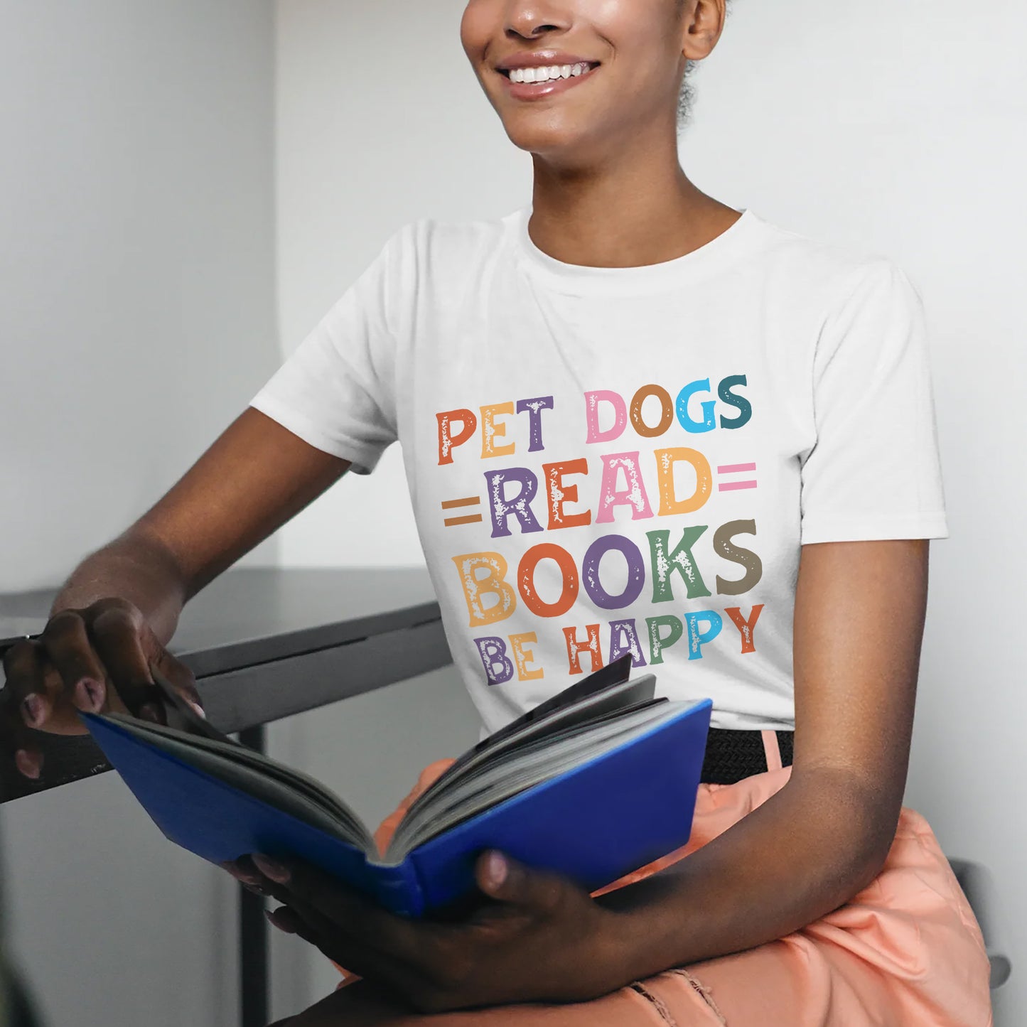 Bookish Dog Shirt – Pet Dogs Read Books Be Happy Tee – Dog Lover Reading Aesthetic – White – Up To 5XL