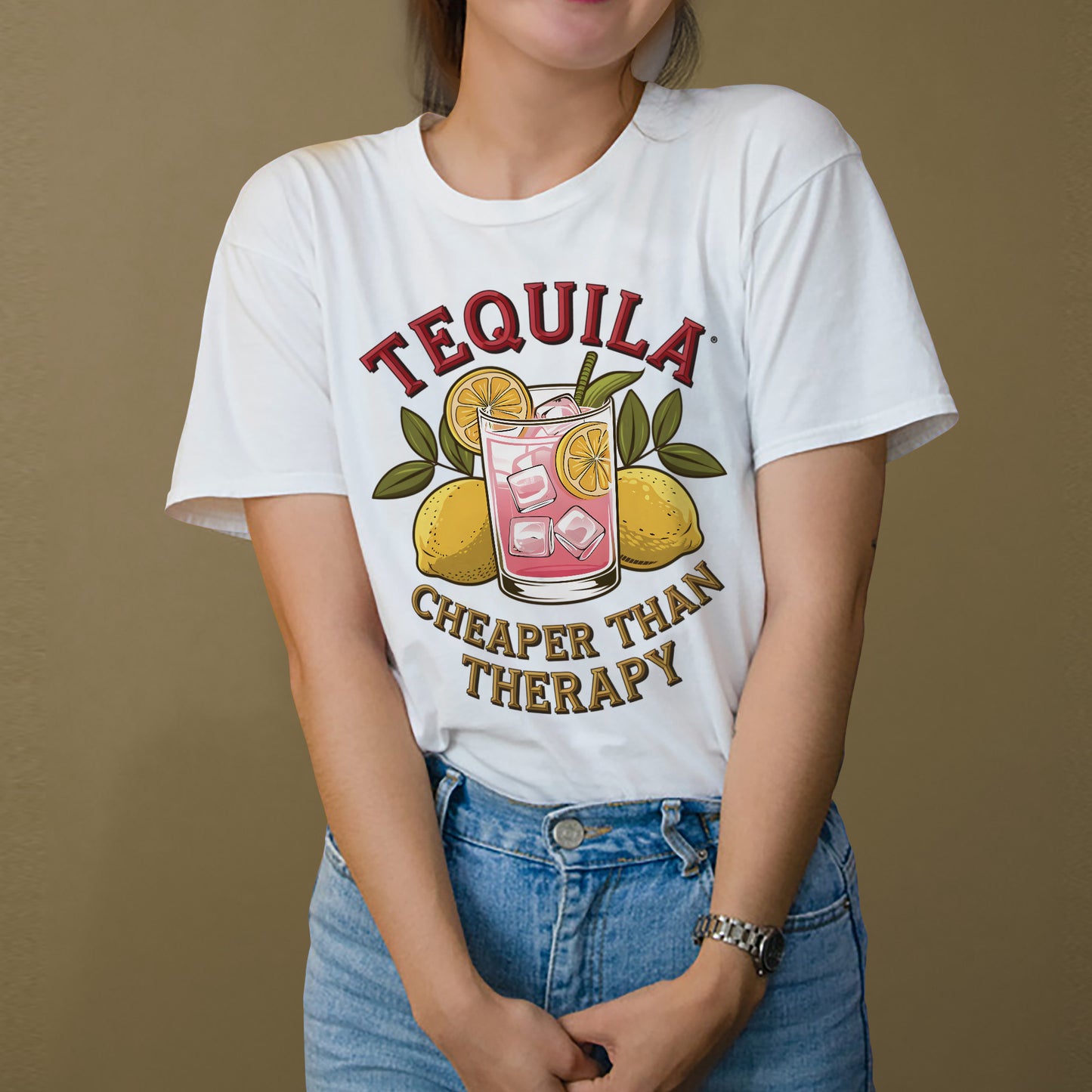 Funny Drinking Shirt – Tequila Cheaper Than Therapy – Alcohol Quote Tee – White – Up To 5XL