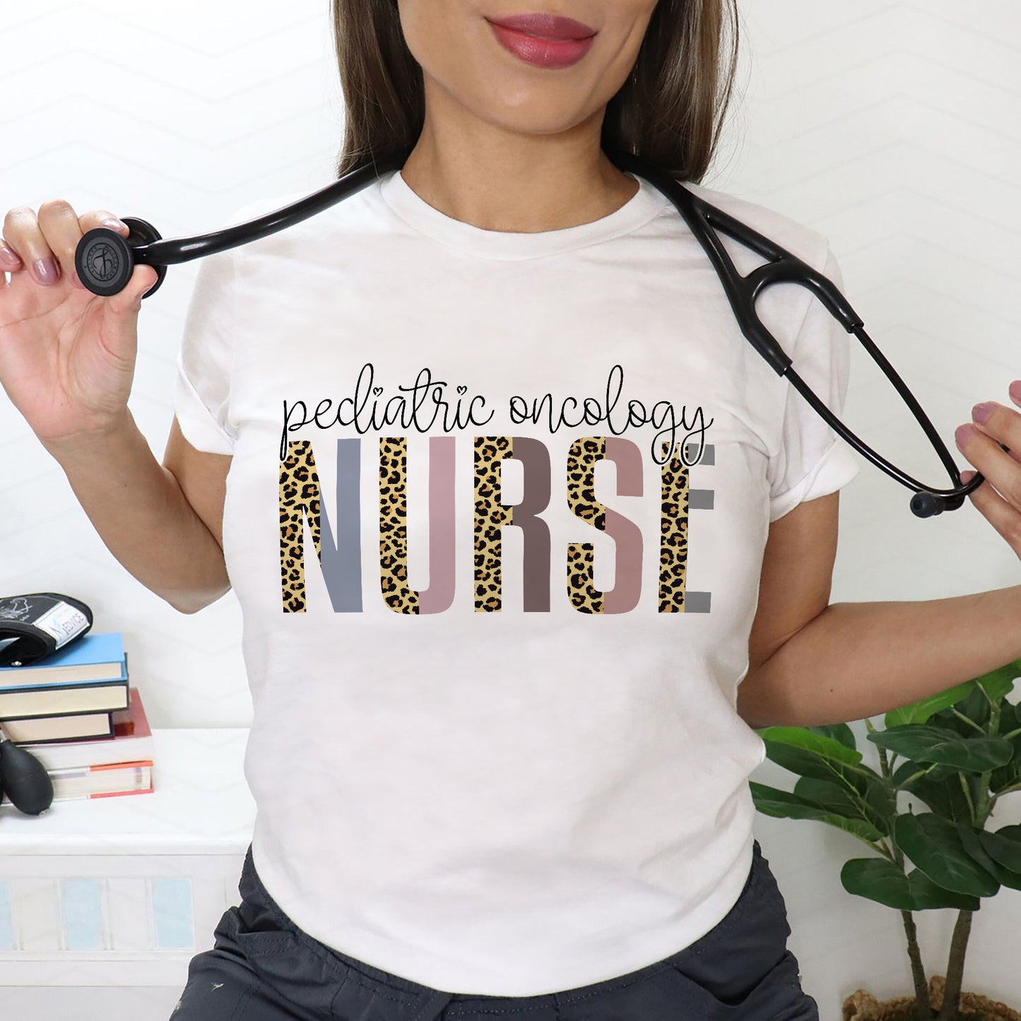 Pediatric Oncology Nurse T-Shirt - Cute Leopard Design For Nursing Tee- White - Up To 5XL