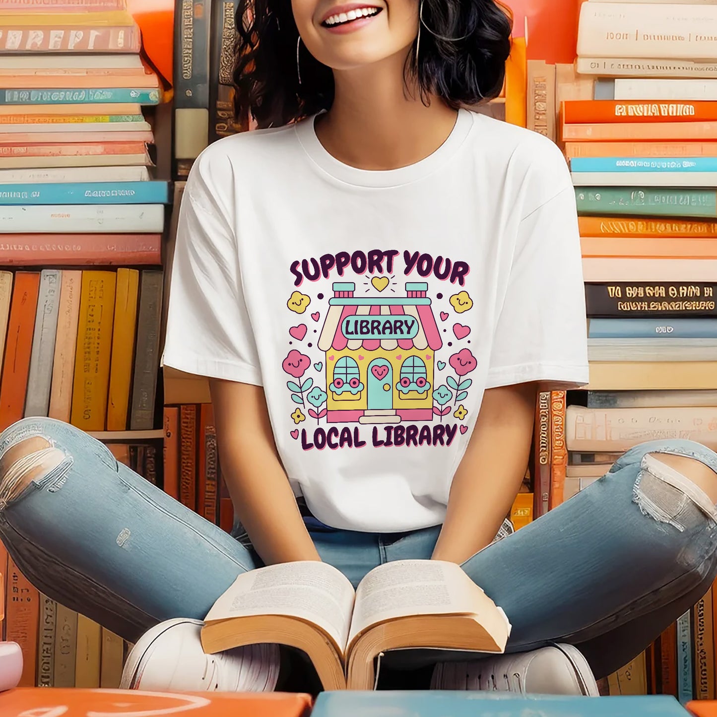 Book Lover Reading Retro Tee – Support Your Local Library Shirt – White – Up To 5XL