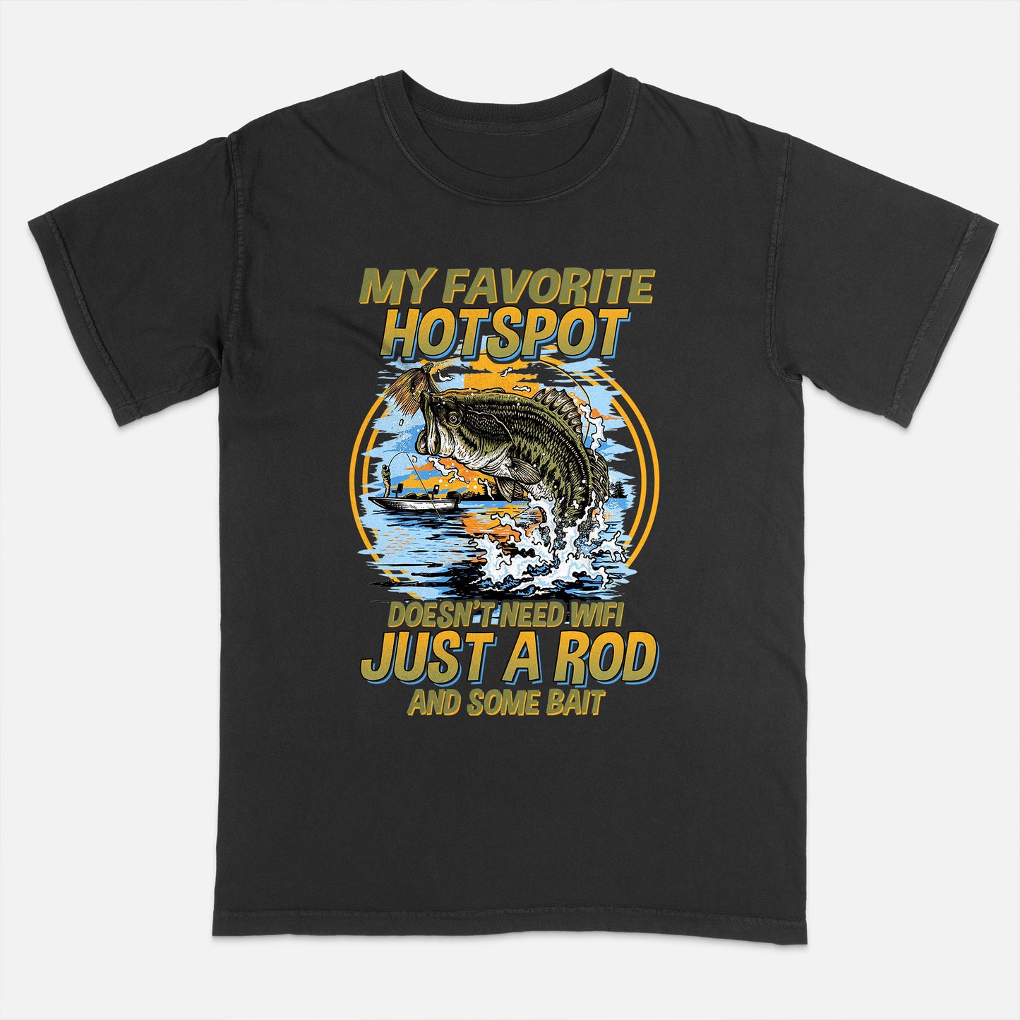 Fishing Humor Shirt – Favorite Hotspot No WiFi Rod and Bait Tee – Funny Fisherman Gift – Black – Up To 5XL