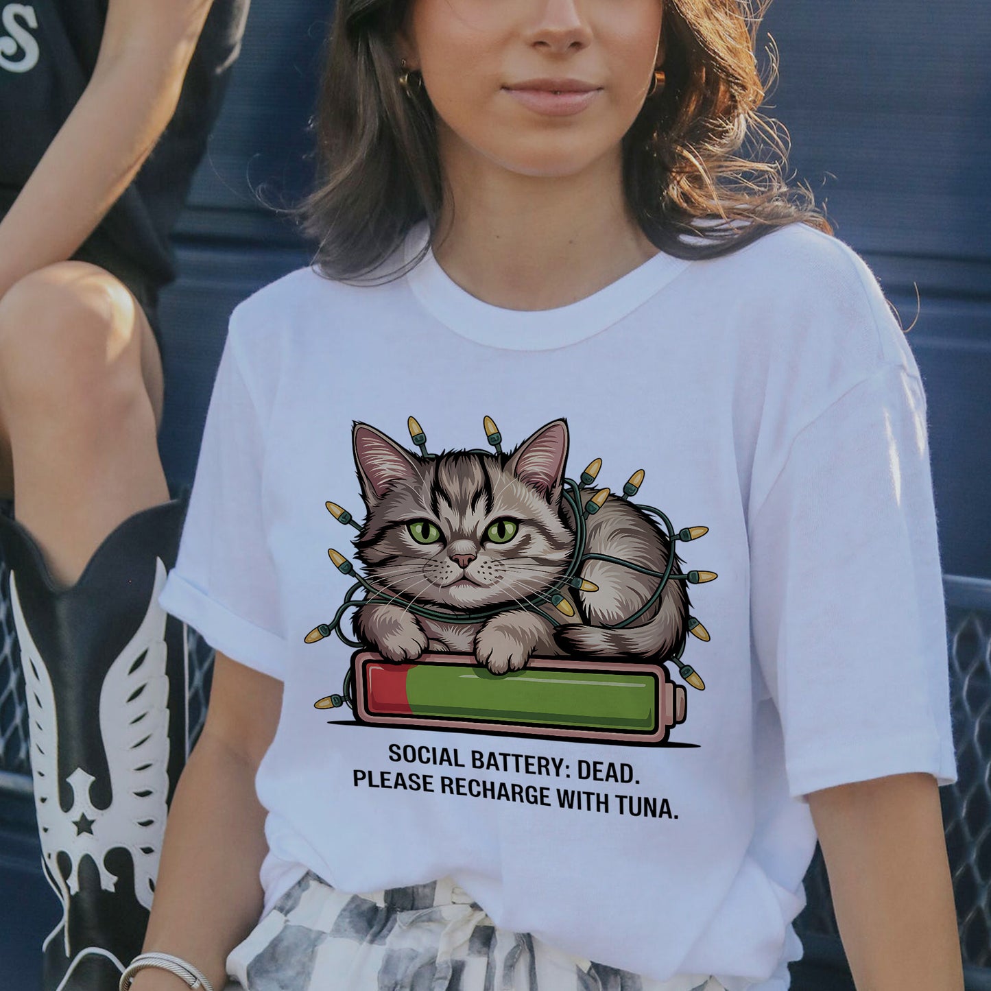 Funny Cat Shirt – Social Battery Dead Please Recharge with Tuna – Tired Meme Kitty Tee – White – Up To 5XL