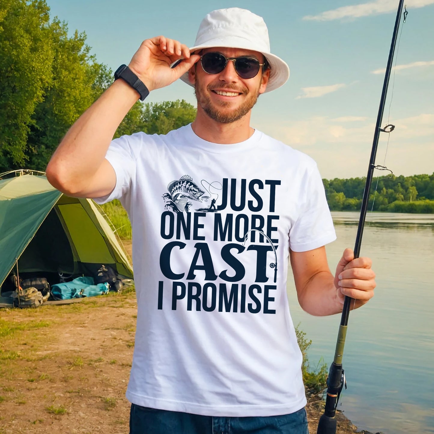Fishing Addict Shirt – Just One More Cast I Promise Tee – Funny Fisherman Gift – White – Up To 5XL