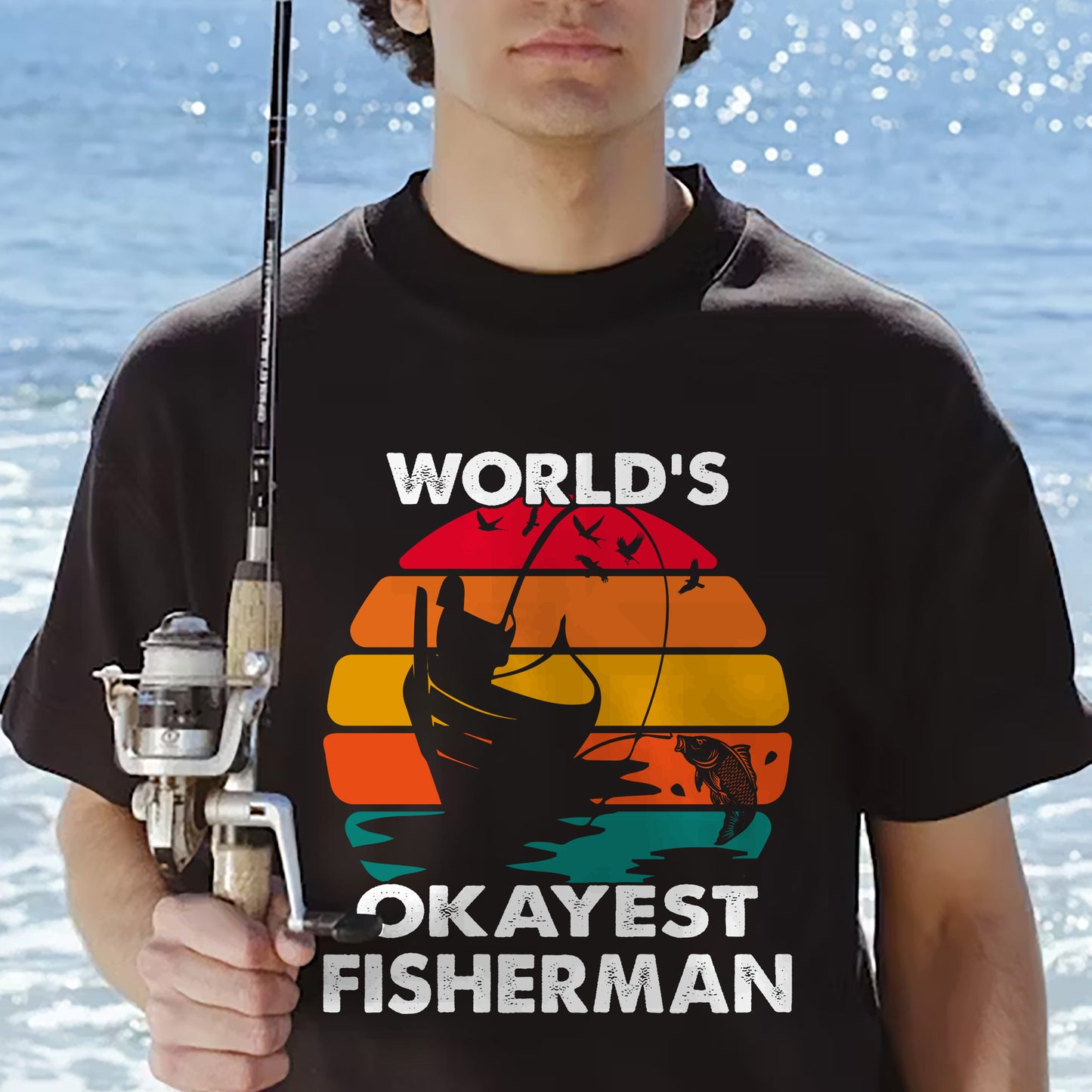 Retro Fishing Shirt – World's Okayest Fisherman Vintage Tee – Funny Angler Graphic Shirt – Black – Up To 5XL