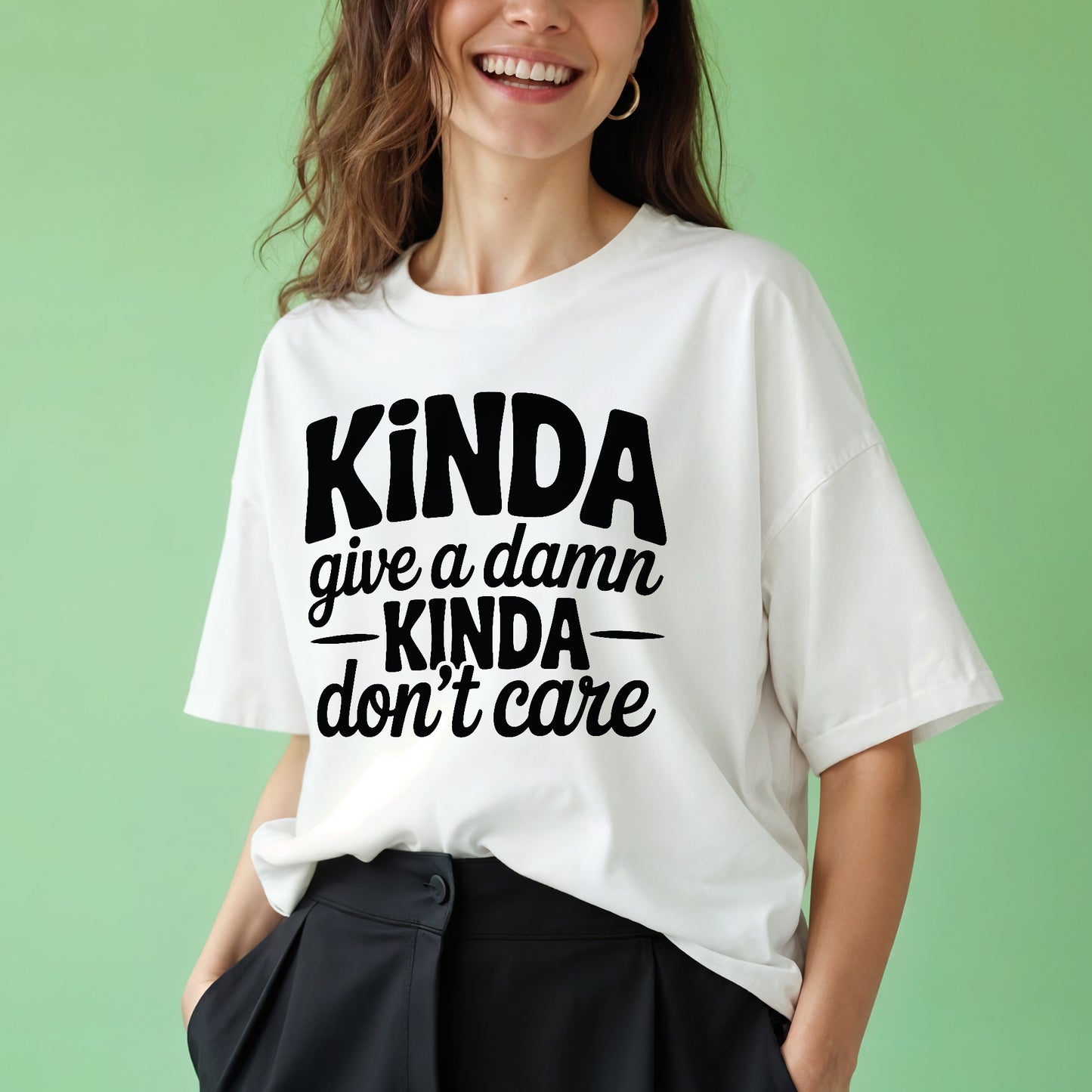 Inappropriate T-Shirt – Kinda Give a Damn Kinda Don’t Care – Sarcastic Shirt for Women - White - Up To 5XL