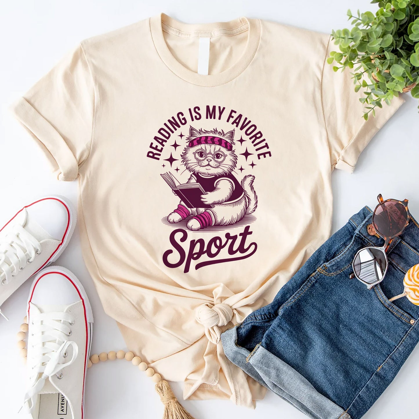 Cat Lover Shirt – Reading Is My Favorite Sport with Cute Cat – Funny Book Tee – Natural – Up To 5XL