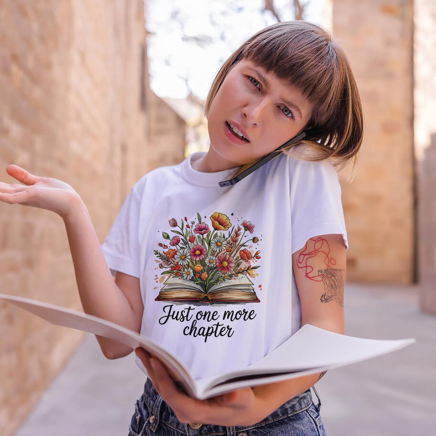 Book Floral Shirt – Just One More Chapter Tee – Book Lover Reading Gift – White – Up To 5XL