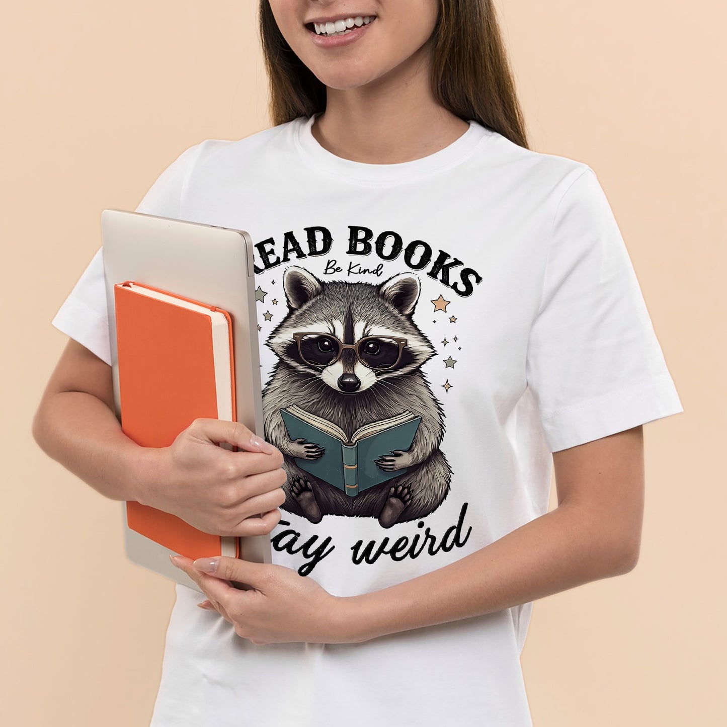 Book Lover Shirt – Read Books Be Kind Stay Weird Raccoon Meme Tee – Funny Bookish Animal – White – Up To 5XL
