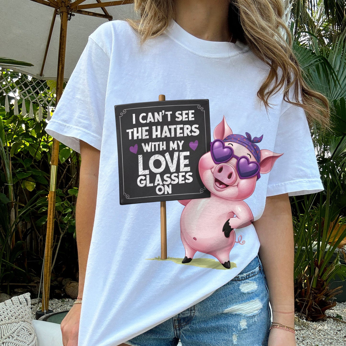 Positive Pig Shirt – I Can’t See the Haters with My Love Glasses – Cute Funny Tee- White - Up To 5XL