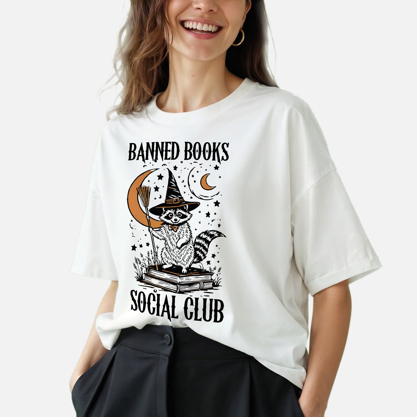 Raccoon Book Club Tee – Vintage Halloween Shirt – Spooky Book Lover Gift – White – Up To 5XL
