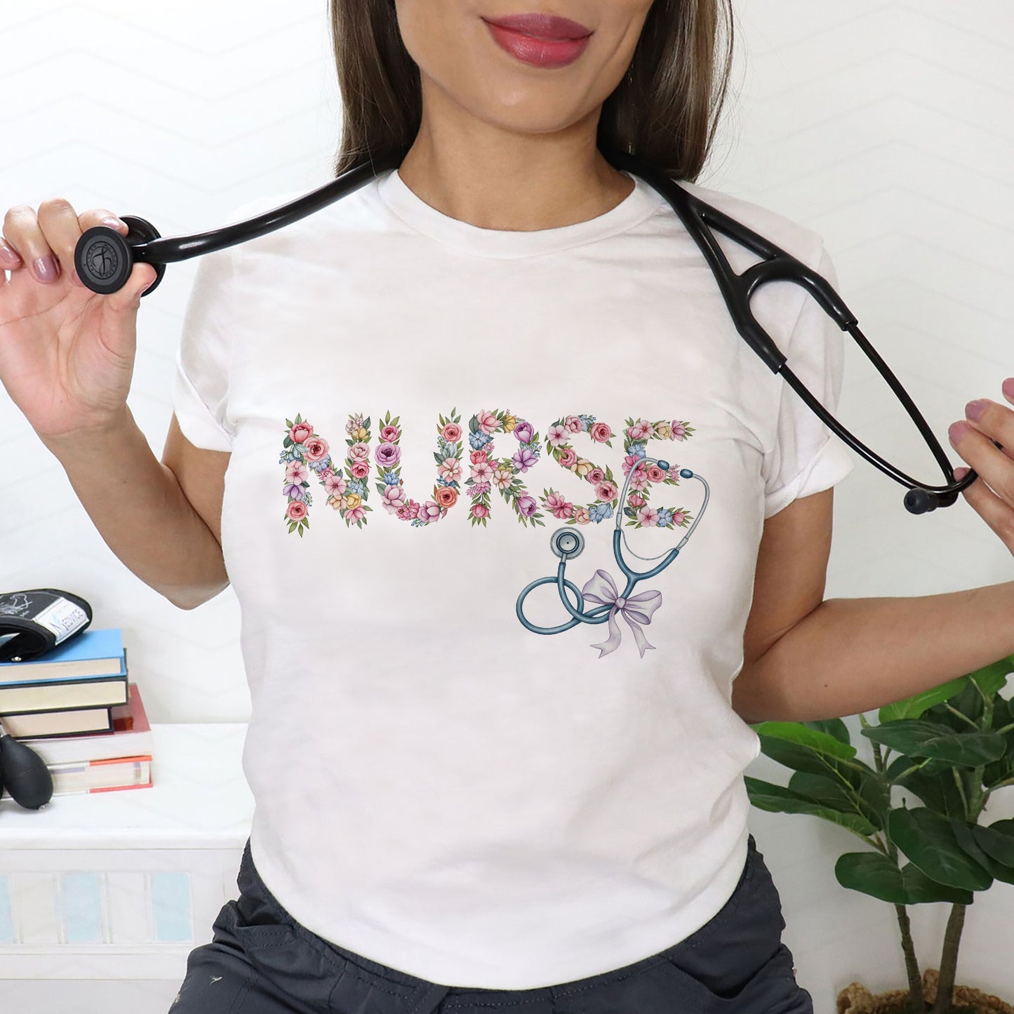 Floral Nurse Shirt with Stethoscope Bow – Cute RN Tee - White - Up To 5XL