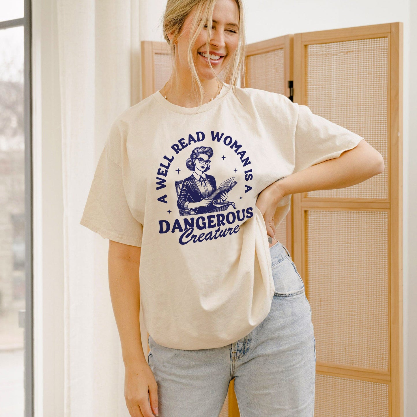 Feminist Book Tee – A Well Read Woman Is A Dangerous Creature Shirt – Natural – Up To 5XL