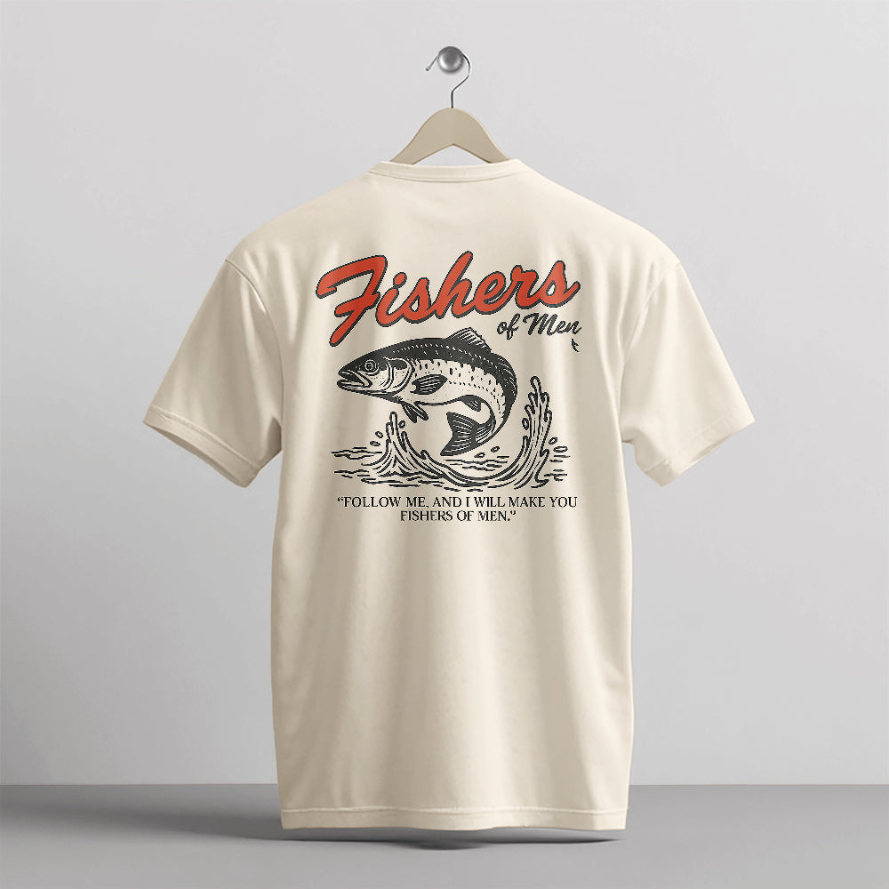 Fishers of Men Shirt – Faith-Based Christian Fishing Tee – Matthew 4:19 Shirt – Natural – Up To 5XL