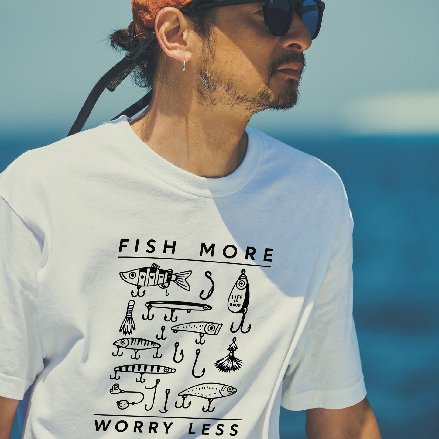 Funny Fishing Tee – Life Is Good Fish More Worry Less Hooks and Tackle Shirt – Fisherman Idea Gift – White – Up To 5XL