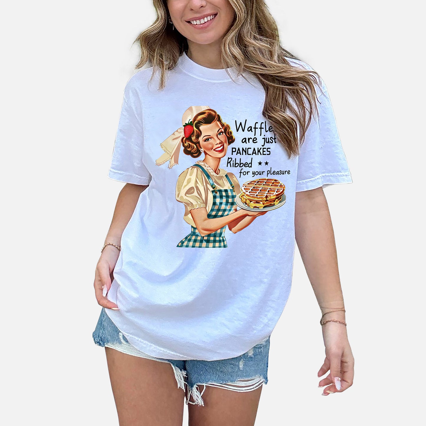 Waffles Are Just Pancakes Rubbed for Your Pleasure T-Shirt – Funny Women Sarcastic Tee - White - Up To 5XL