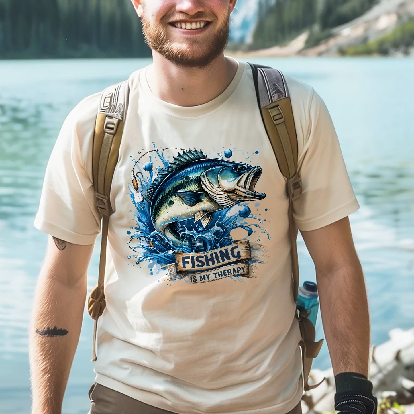 Outdoor Humor Shirt – Fishing Is My Therapy Funny Fisherman Tee – Nature Lover Gift – Natural – Up To 5XL