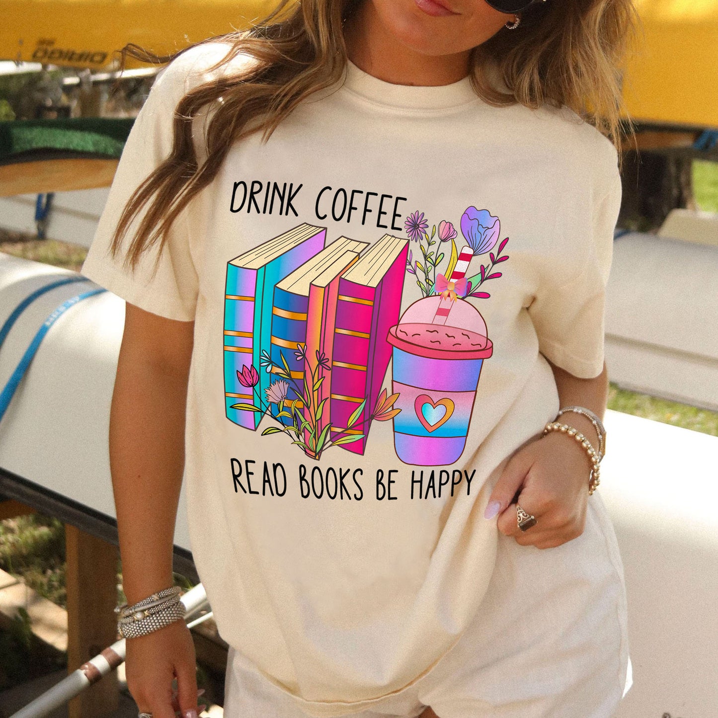 Book Lover Shirt – Drink Coffee Read Books Be Happy Tee – Coffee & Reading Aesthetic – Natural – Up To 5XL