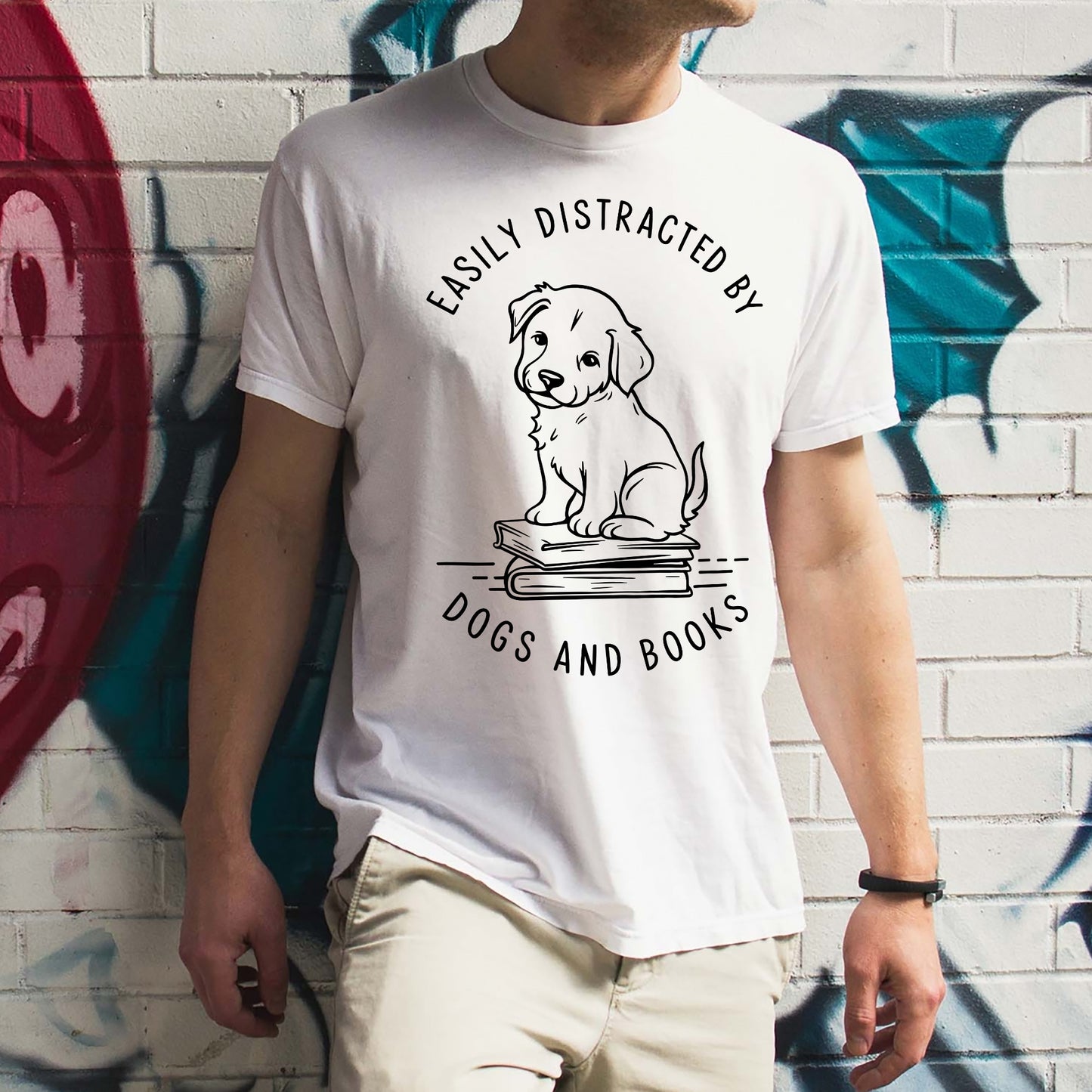 Funny Bookish Dog Lover Tee – Easily Distracted By Dogs And Books Shirt – White – Up To 5XL