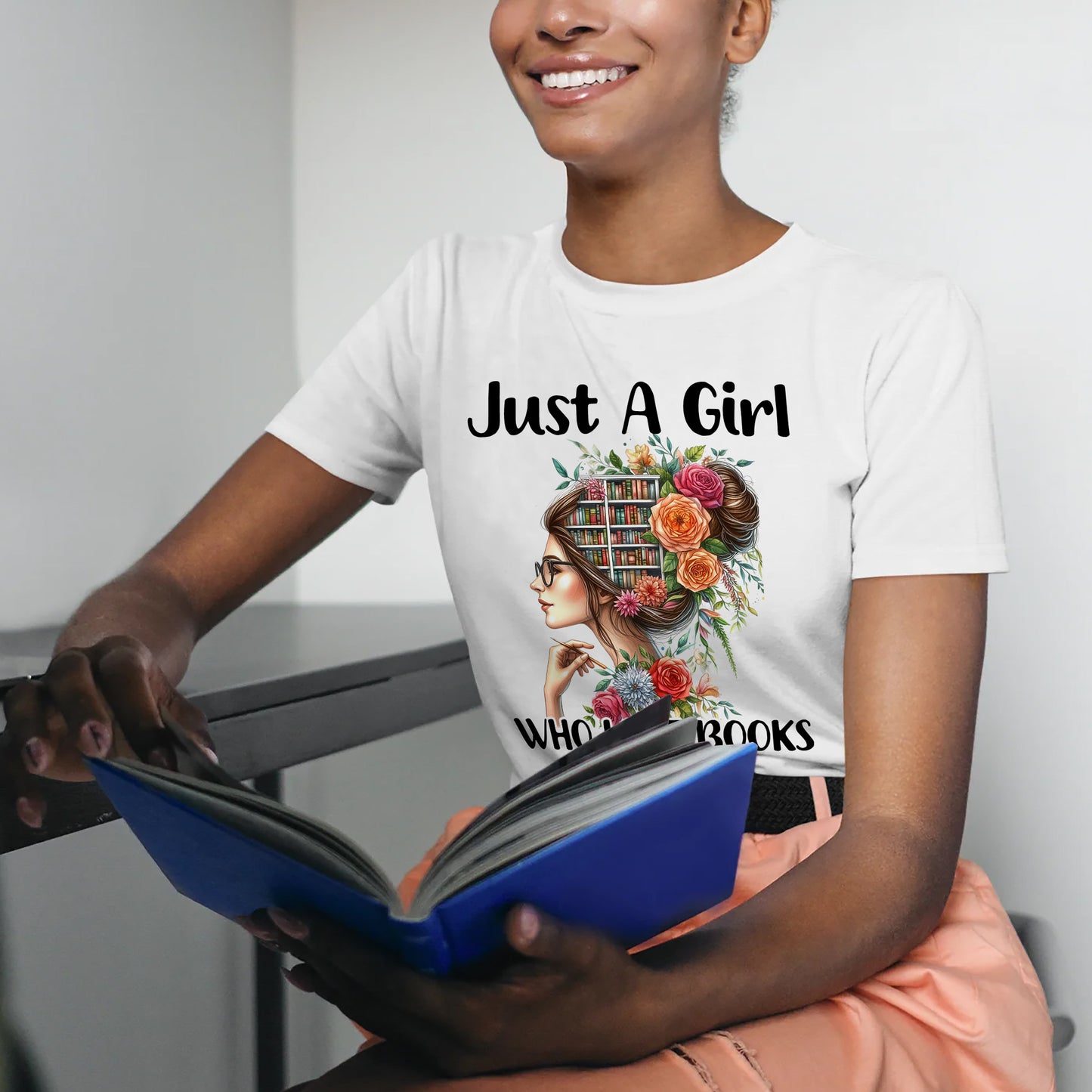 Reading Shirt – Just A Girl Who Loves Books Tee – Book Lover Gift for Women – Bookworm Aesthetic – White – Up To 5XL