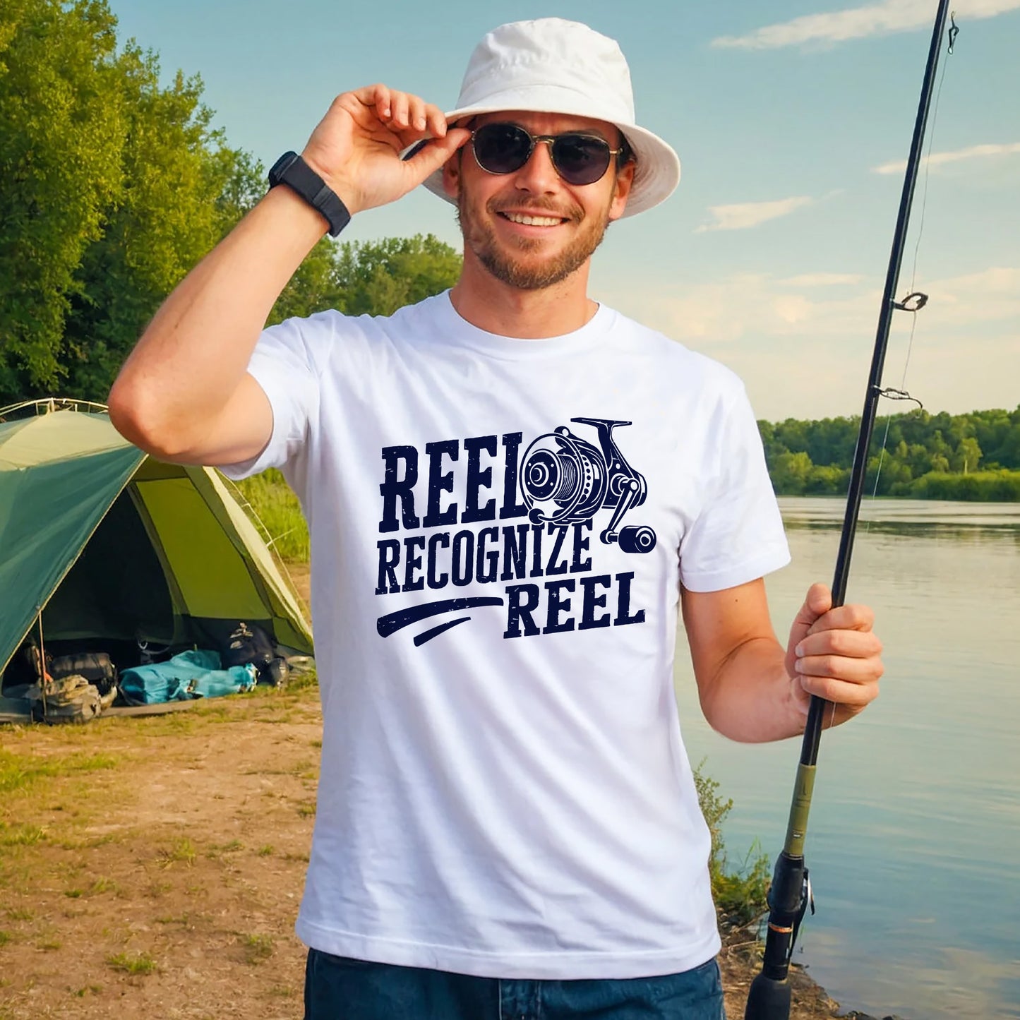 Fishing Humor Shirt – Reel Recognize Reel Tee – Funny Fisherman Pun Gift – White – Up To 5XL