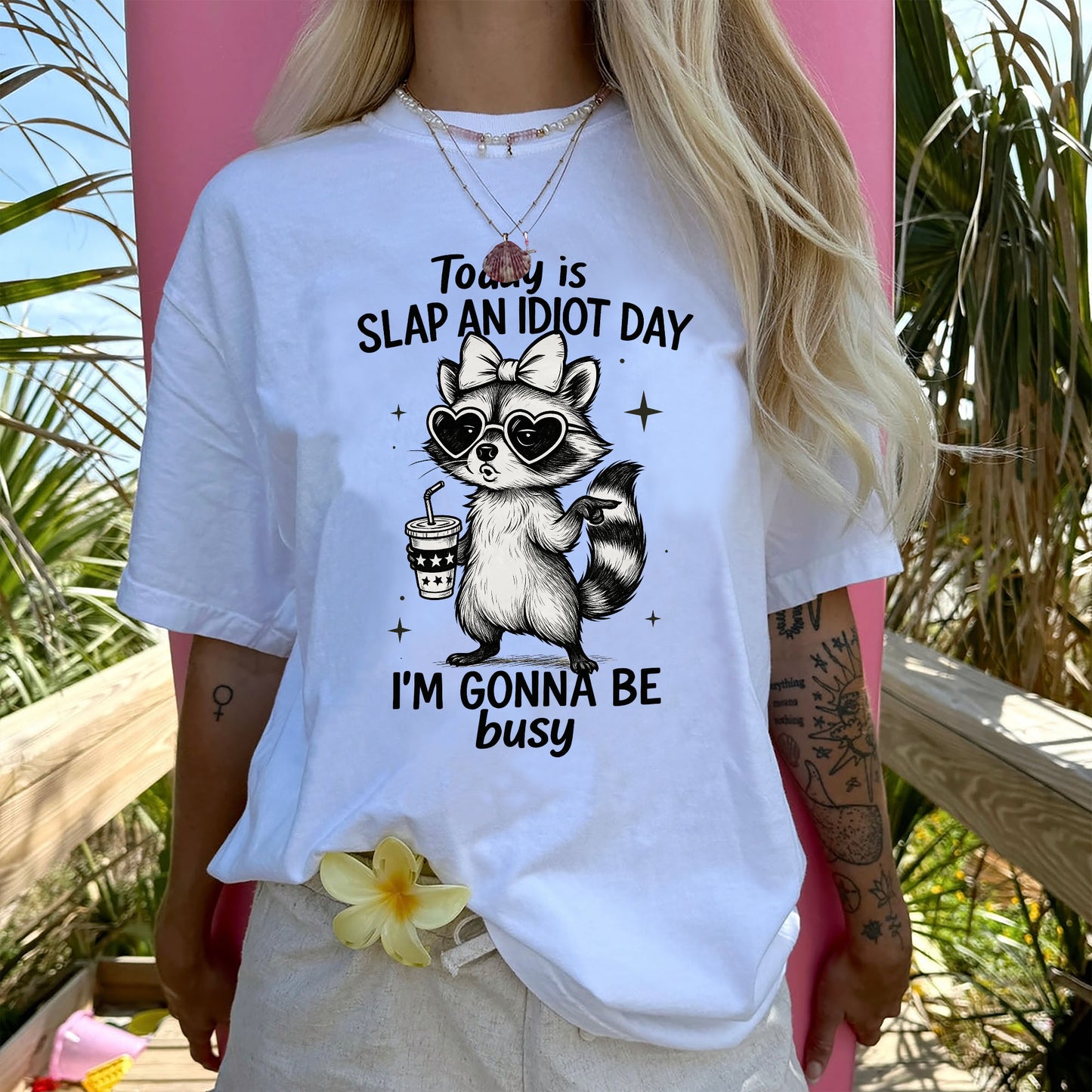 Funny Raccoon Shirt – Slap An Idiot Day Tee – Inappropriate Sarcastic Humor Shirt for Women - White - Up To 5XL