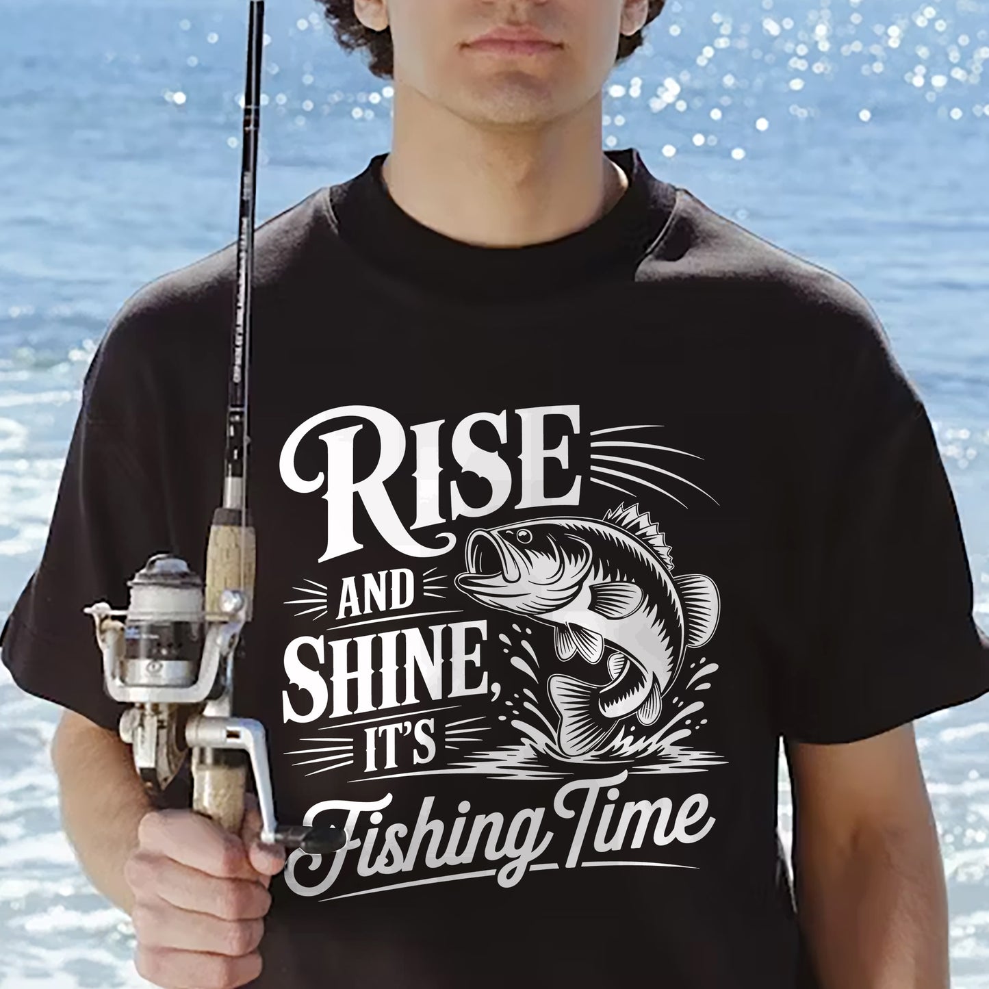 Fishing Lover Shirt – Rise and Shine It’s Fishing Time Tee – Morning Angler Graphic Shirt – Black – Up To 5XL