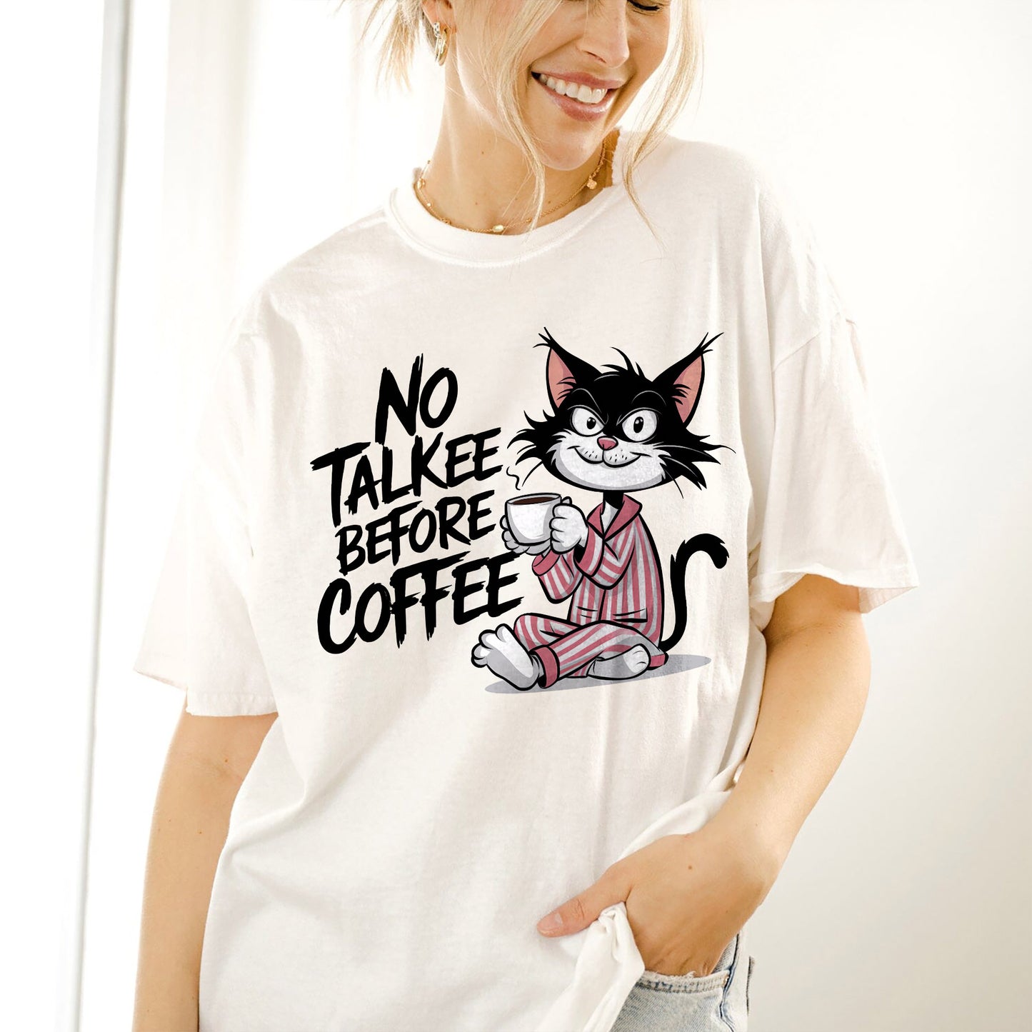 Funny Coffee Cat Shirt – No Talkee Before Coffee Tee – Grumpy Morning Humor T-Shirt - Natural - Up To 5XL