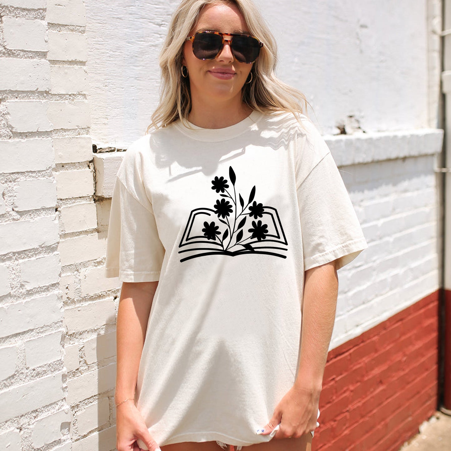 Vintage Reading Book Lover Shirt – Book and Flowers Aesthetic Tee – Natural – Up To 5XL
