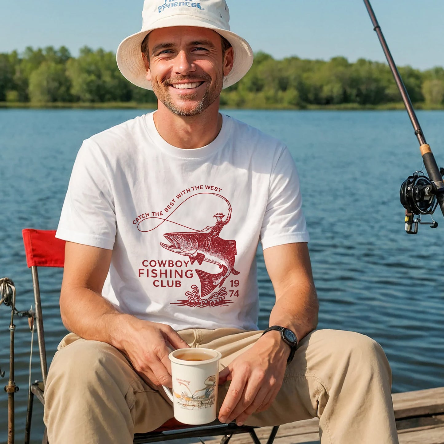 Western Fisherman Tee - Catch The Best With The West Cowboy Fishing Club 1974 Shirt – White – Up To 5XL