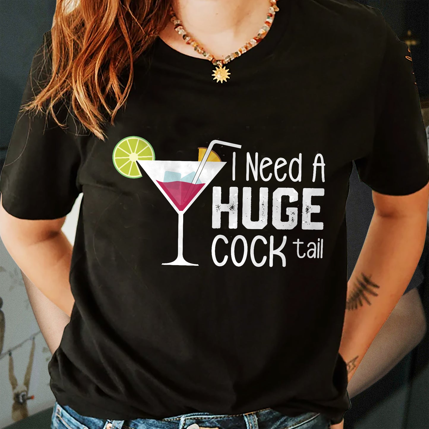 Funny Drinking Shirt – I Need a Huge Cocktail – Party Vacation Summer Tee – Black – Up To 5XL