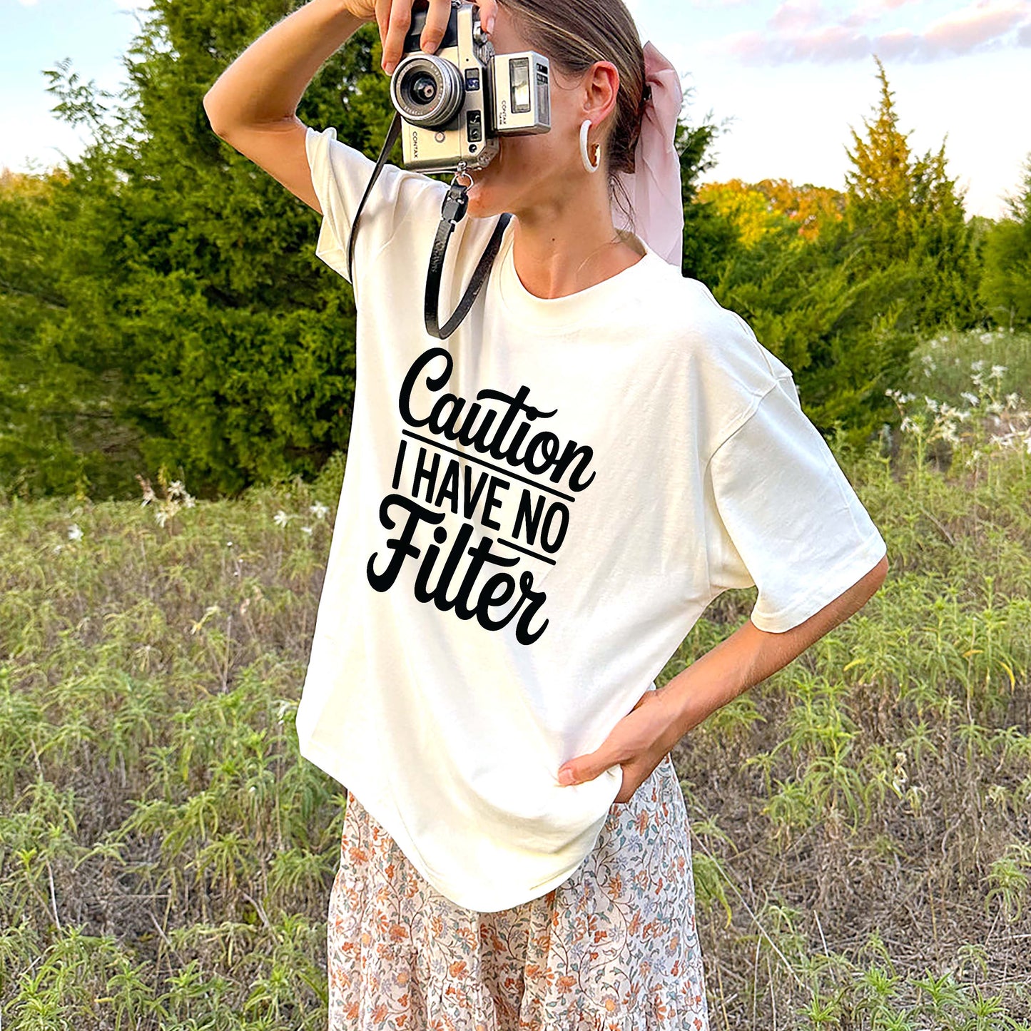 Funny Women Shirt - Caution I Have No Filter Tee - Sarcastic Saying Tee - Natural - Up To 5XL