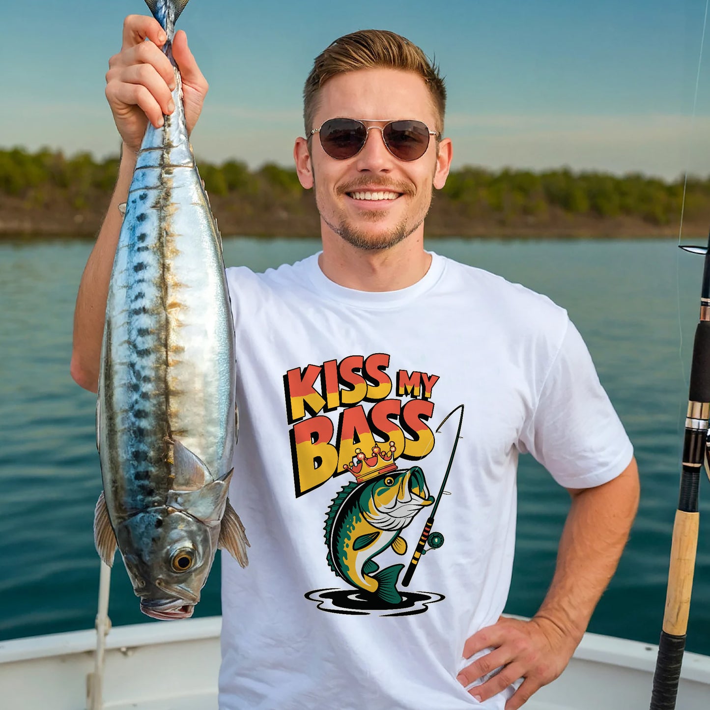 Funny Angler Shirt – Kiss My Bass Fishing Joke Tee – Humor Gift for Fishermen – White – Up To 5XL